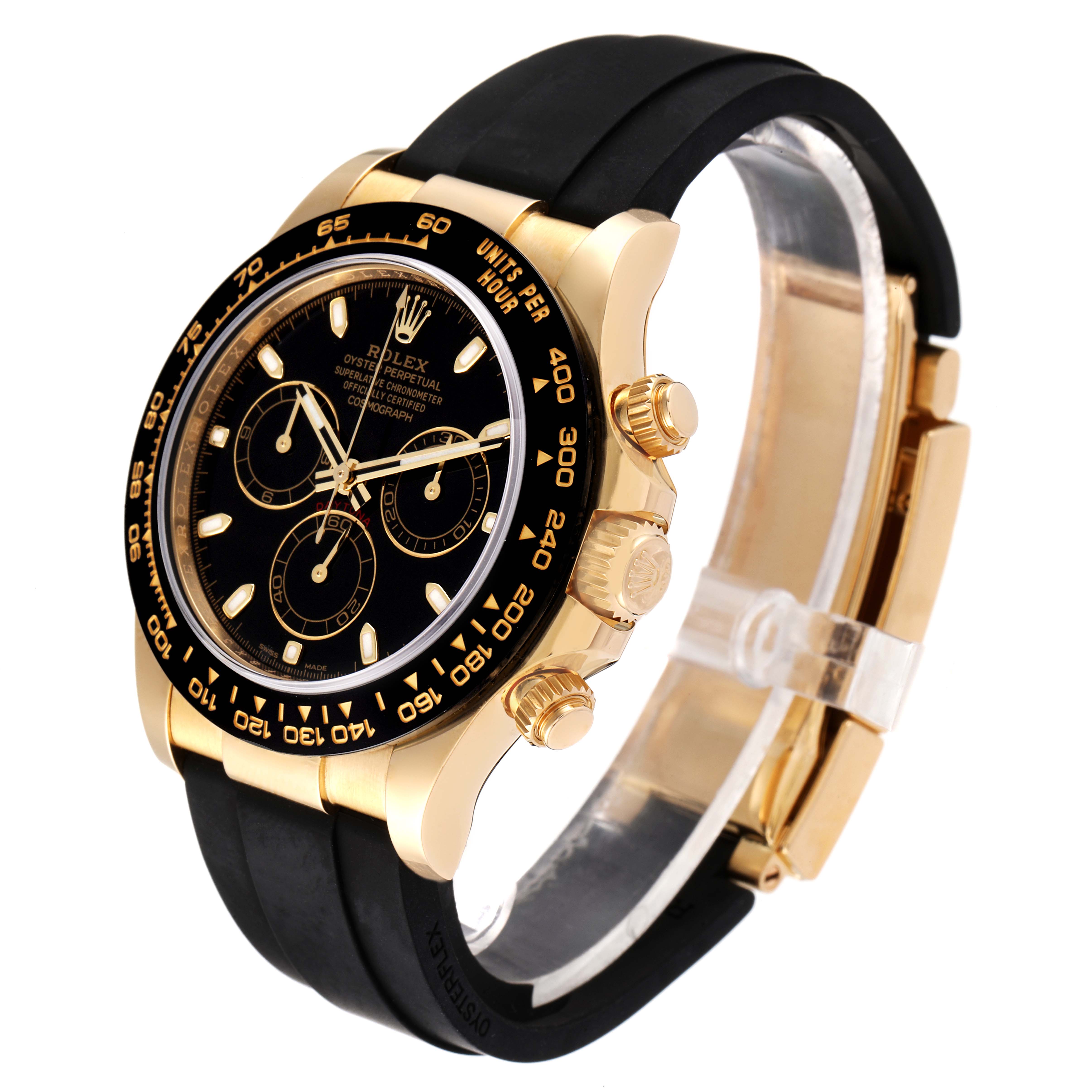 This image shows a Rolex Daytona 116518 Men's Yellow Gold Black Dial 116518 Men's Yellow Gold Black Dial watch at a slight angle, highlighting the black dial, gold case, pushers, and black strap.