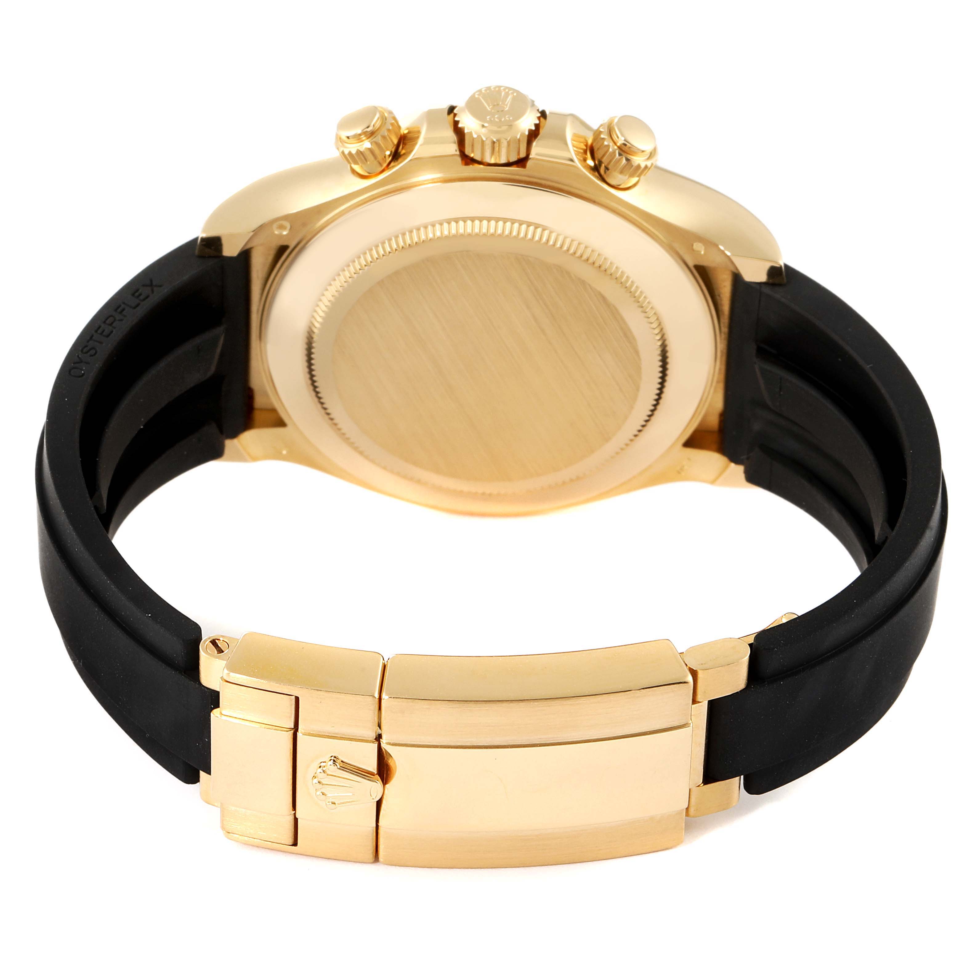 The image shows the back side of a Rolex Daytona 116518 Men's Yellow Gold Black Dial 116518 Men's Yellow Gold Black Dial watch, including the case back, crown, pushers, and Oysterflex strap with clasp.