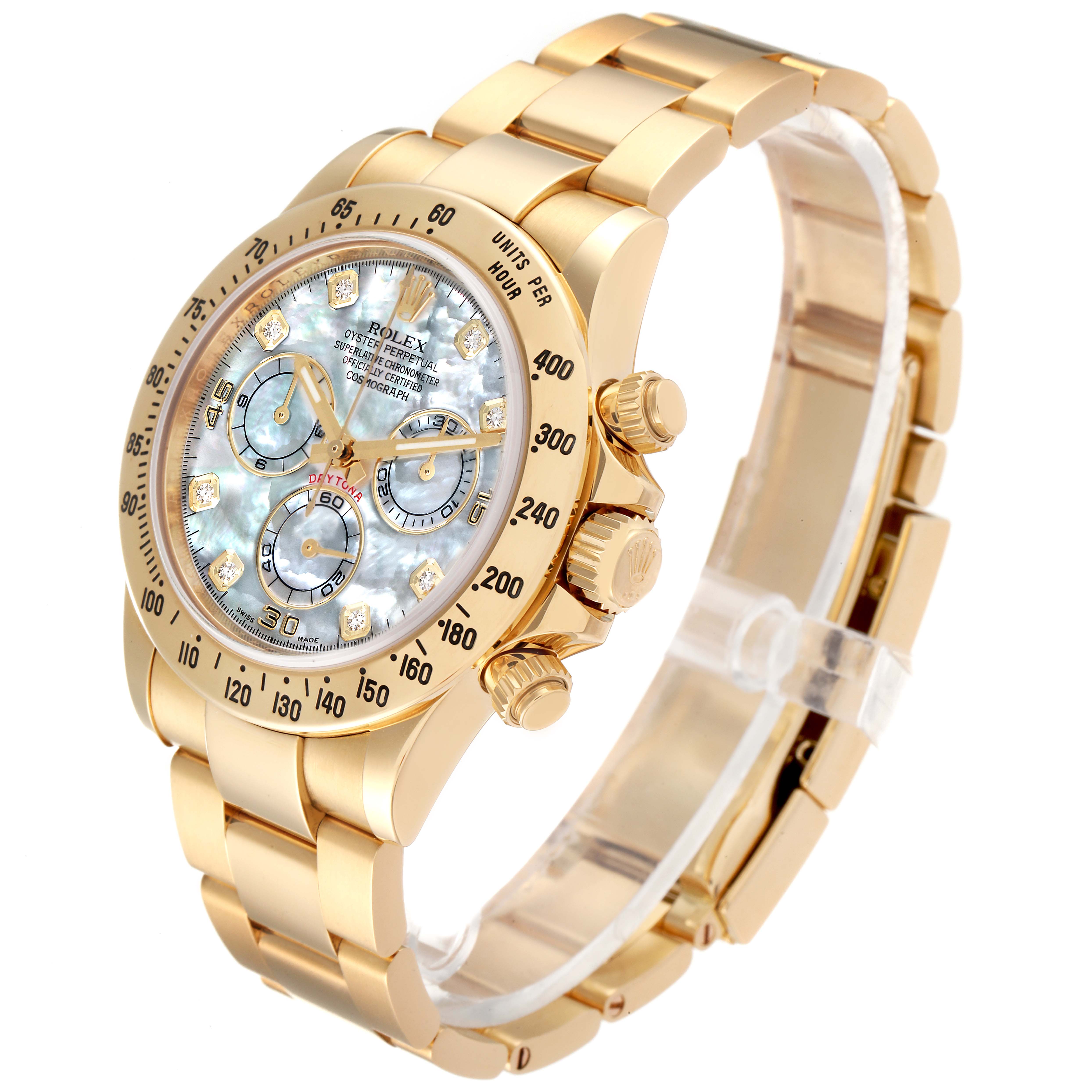 The Rolex Daytona 116528 Men's Yellow Gold Mother of Pearl Dial 116528 Men's Yellow Gold Mother of Pearl Dial watch is shown at a slightly angled view, displaying its gold case, bracelet, three subdials, and diamond markers.