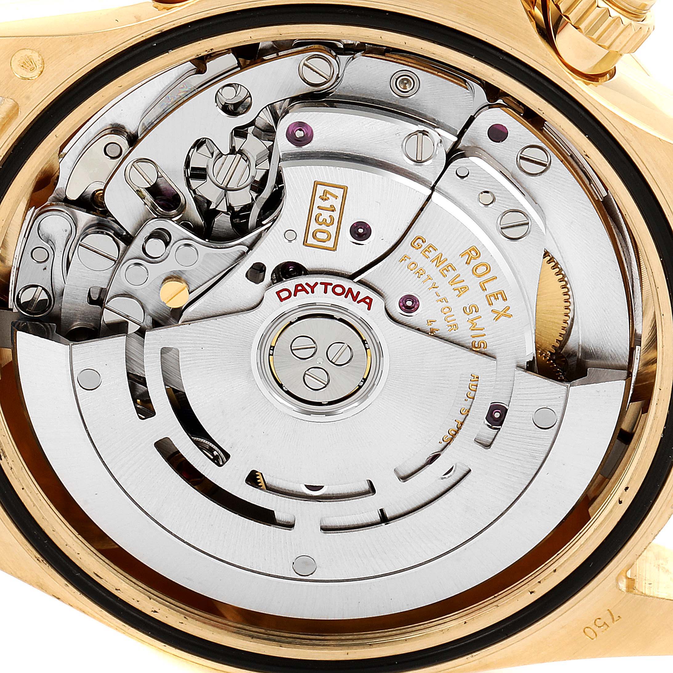 This image shows the movement mechanism of a Rolex Daytona 116528 Men's Yellow Gold Mother of Pearl Dial 116528 Men's Yellow Gold Mother of Pearl Dial watch from a top-down angle.