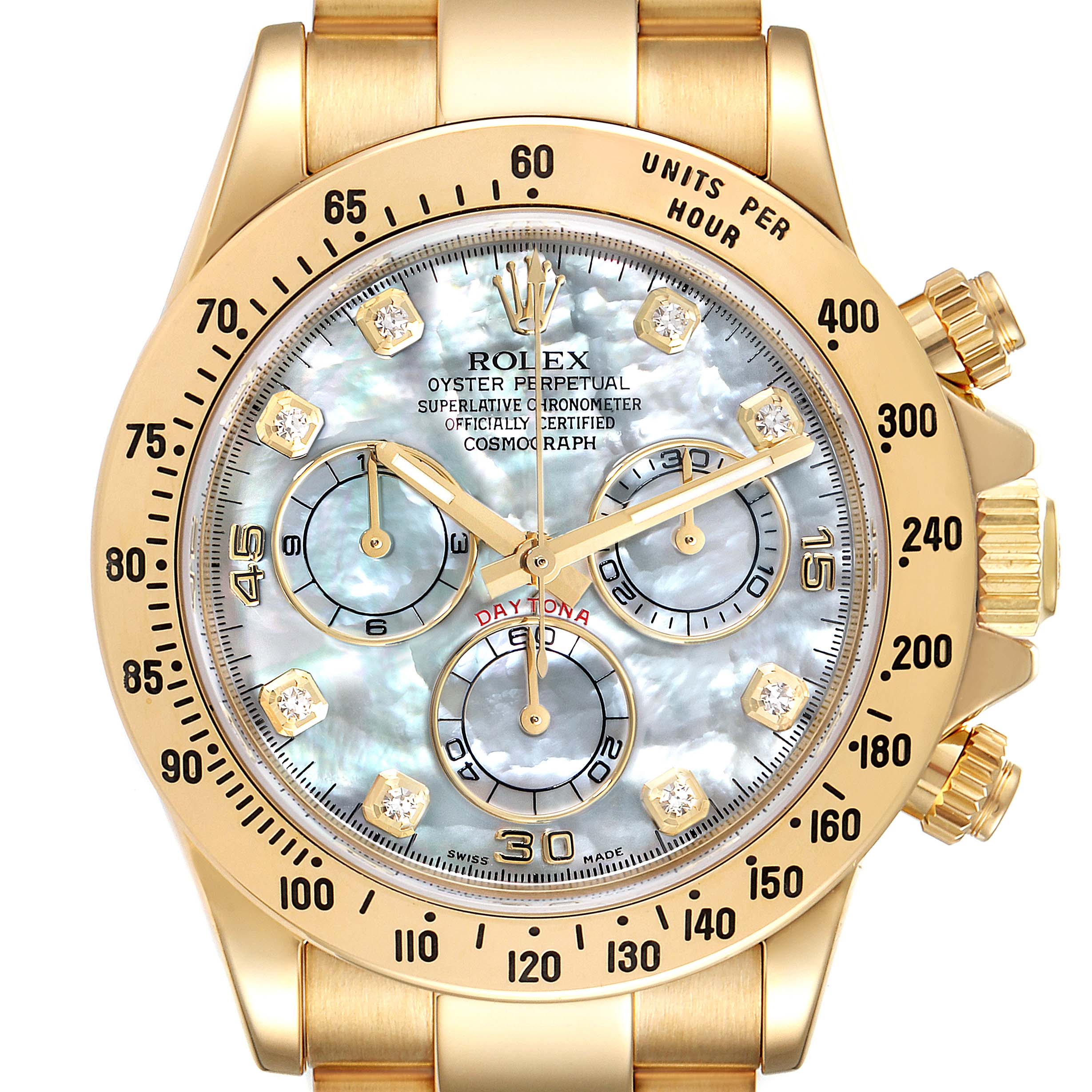This image shows a front view of a Rolex Daytona 116528 Men's Yellow Gold Mother of Pearl Dial 116528 Men's Yellow Gold Mother of Pearl Dial watch, highlighting its dial, chronograph subdials, and bezel.