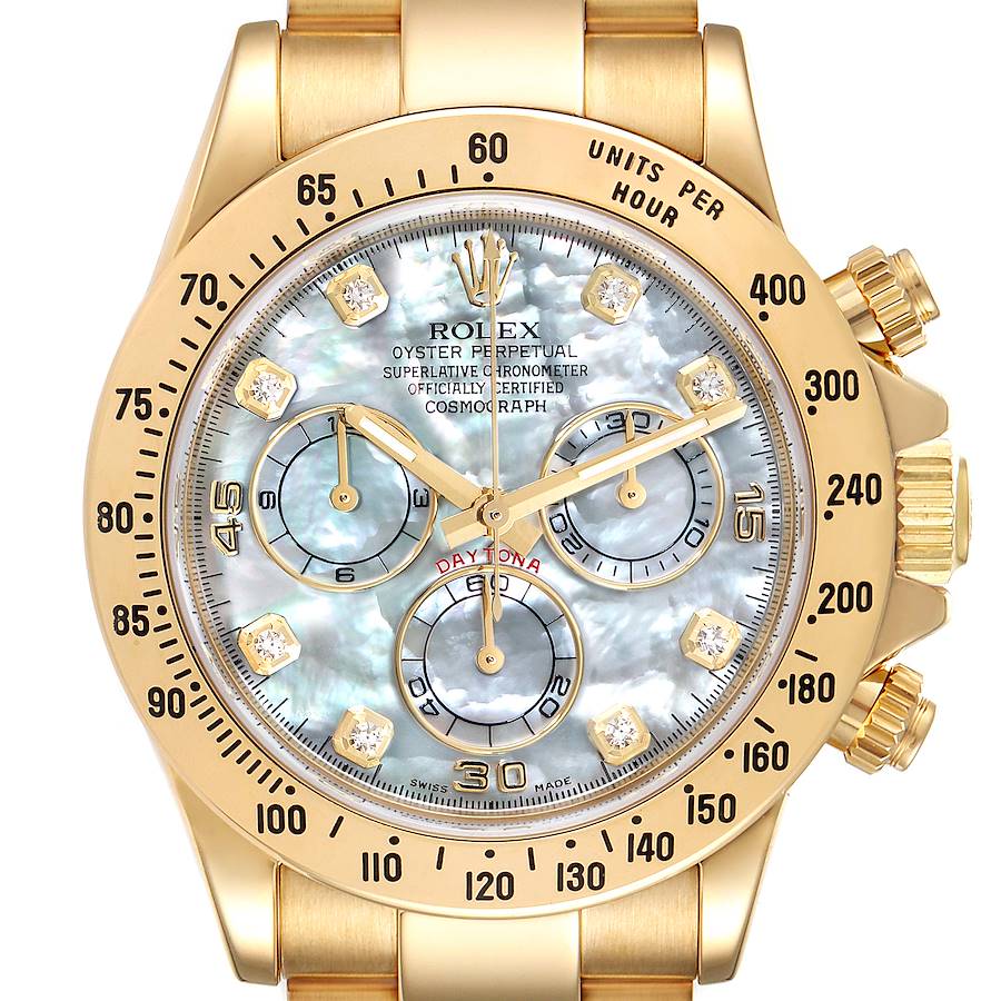 Rolex Daytona Yellow Gold MOP Diamond Dial Mens Watch 116528 Box Card SwissWatchExpo