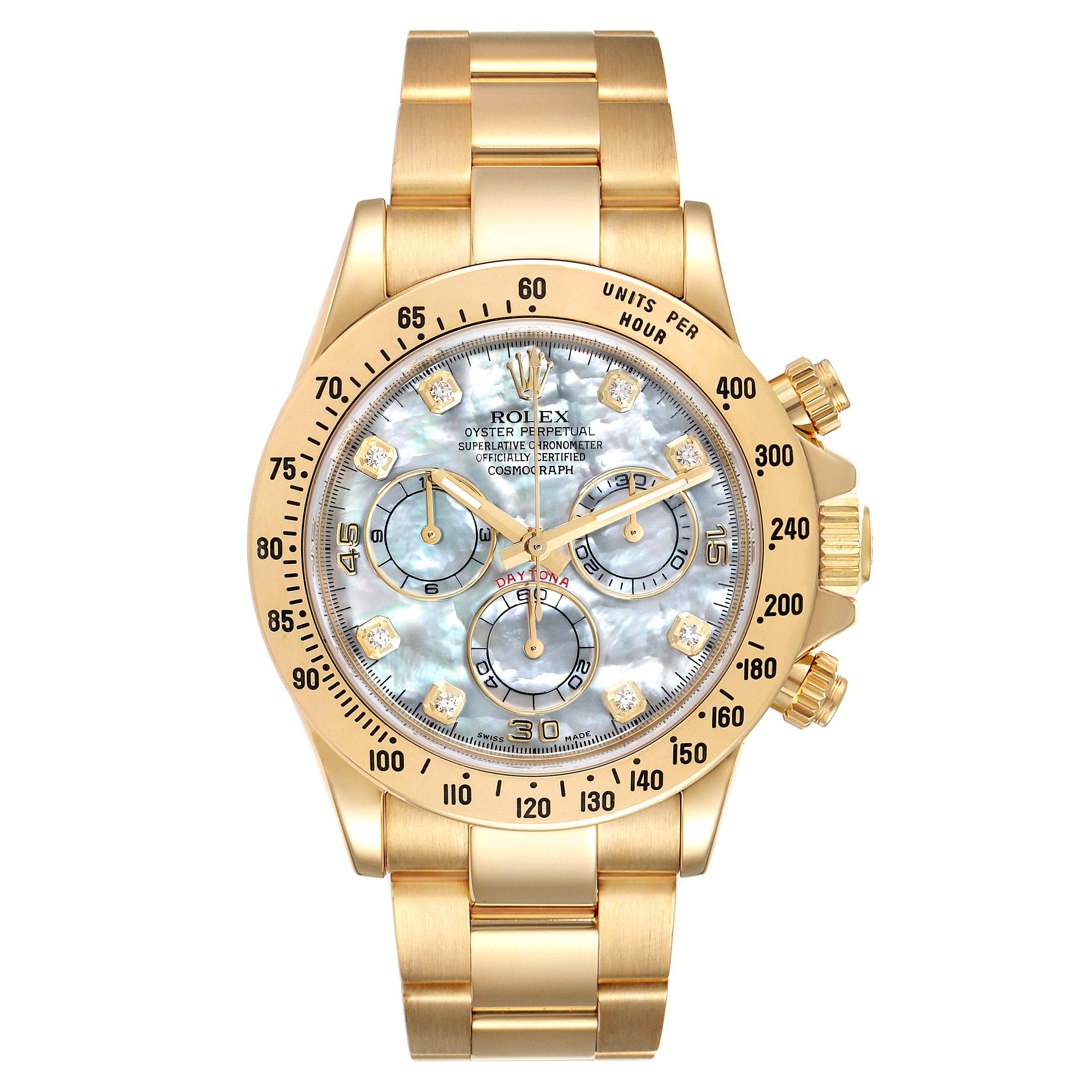 The image shows a front view of a Rolex Daytona 116528 Men's Yellow Gold Mother of Pearl Dial 116528 Men's Yellow Gold Mother of Pearl Dial watch, highlighting its golden bracelet, bezel, and intricate dial with chronograph subdials.