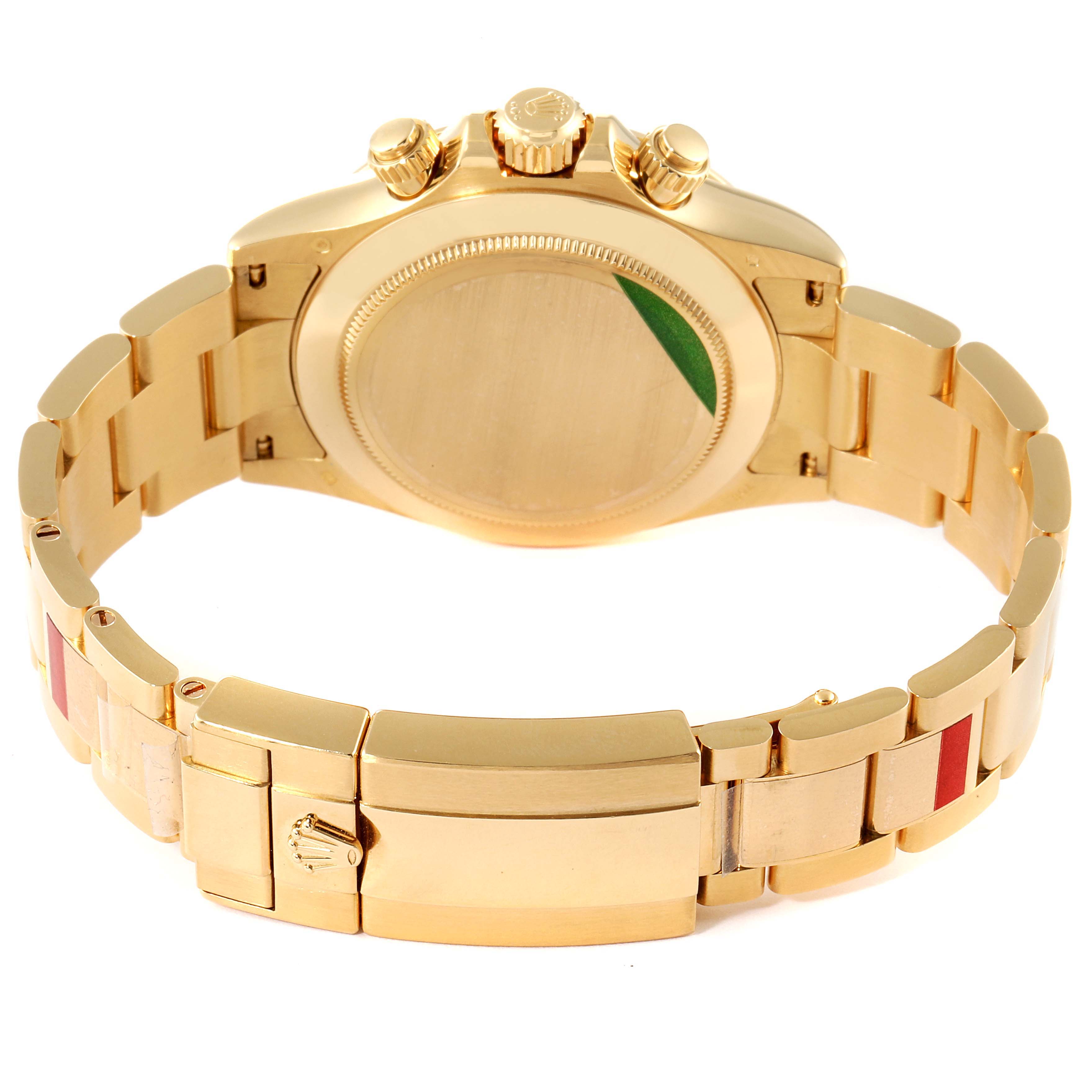 The image shows the back and bracelet of a Rolex Daytona 116528 Men's Yellow Gold Mother of Pearl Dial 116528 Men's Yellow Gold Mother of Pearl Dial watch, highlighting the clasp and pushers.