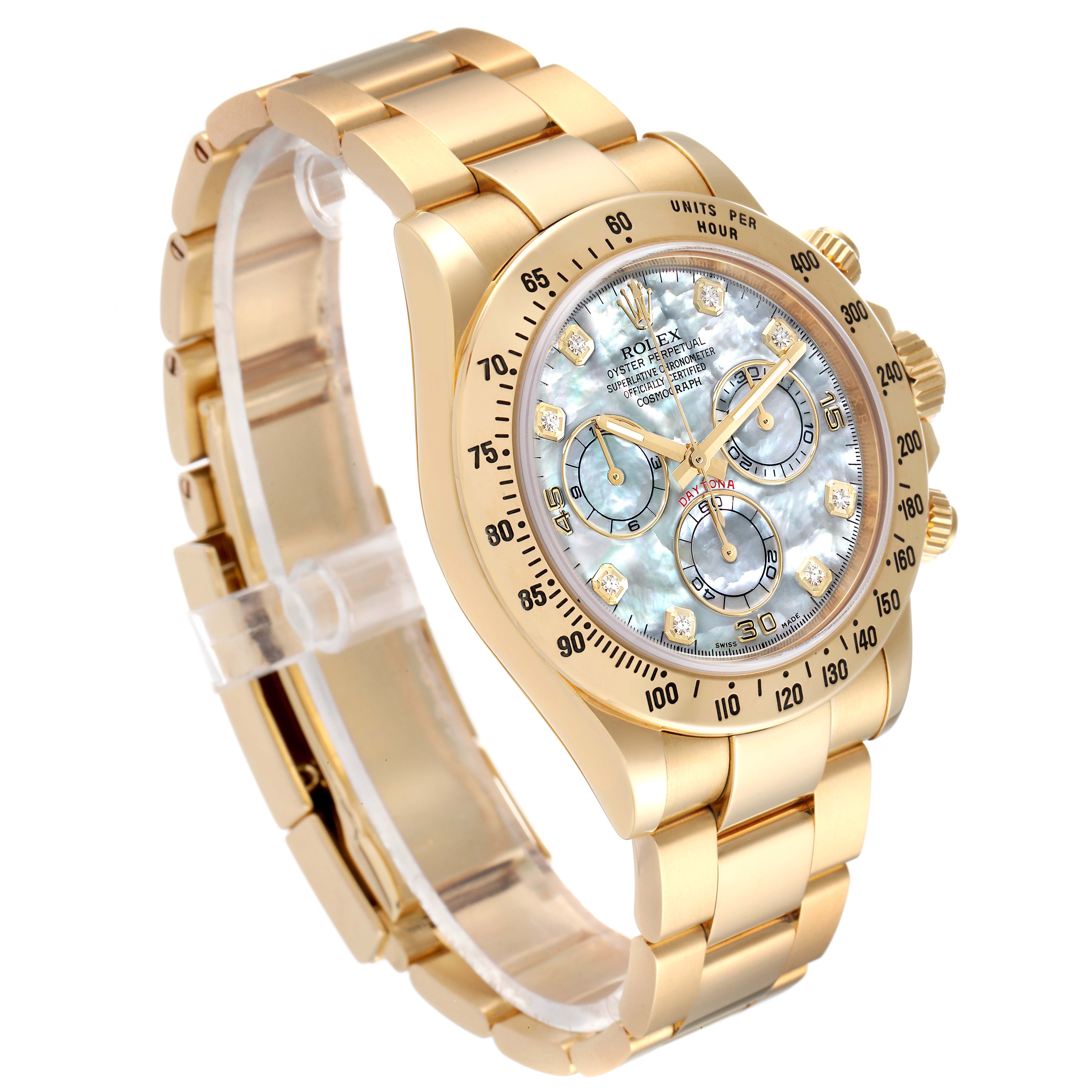 The image shows a close-up of the Rolex Daytona 116528 Men's Yellow Gold Mother of Pearl Dial 116528 Men's Yellow Gold Mother of Pearl Dial watch, displaying the face, bezel, and part of the bracelet at an angle.