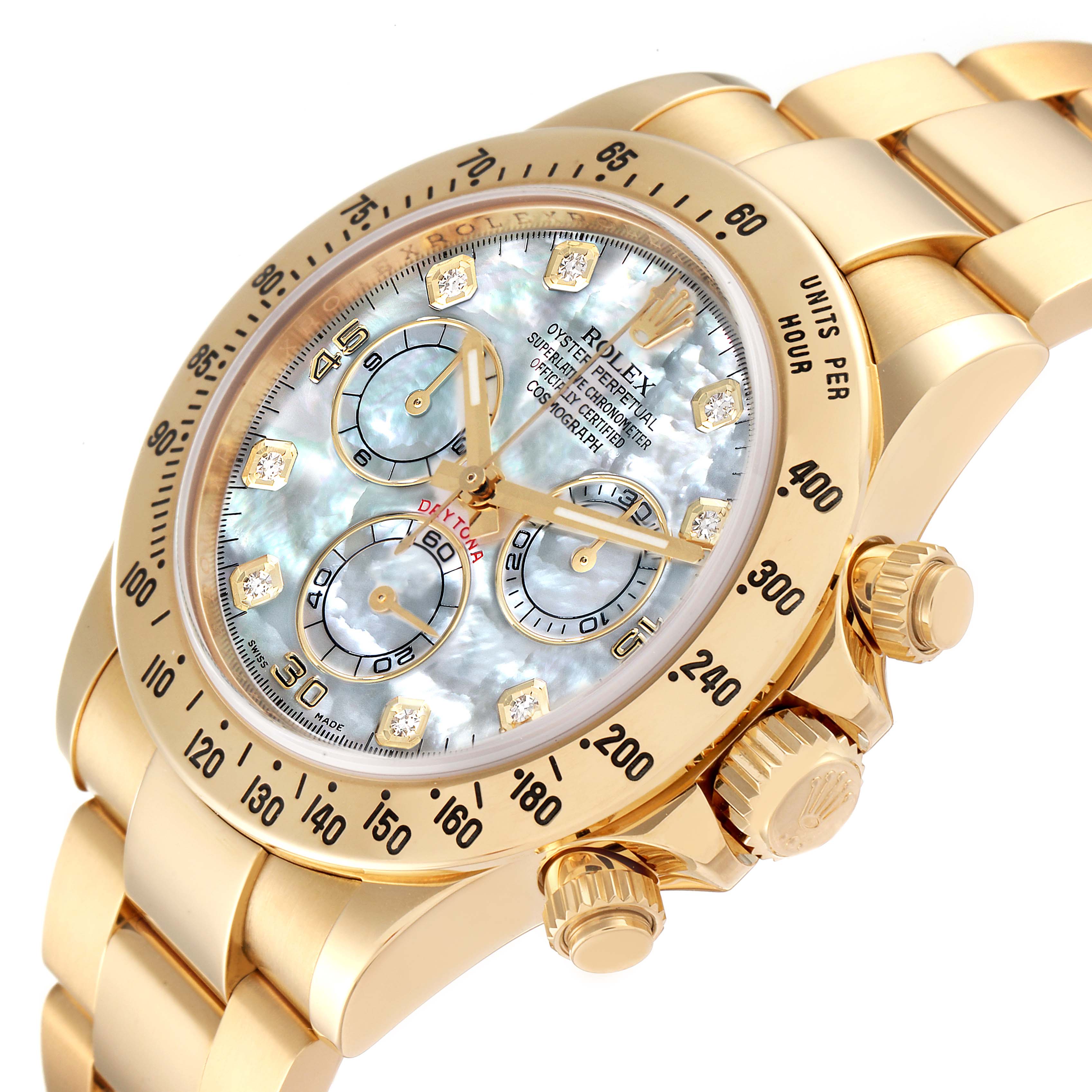 The Rolex Daytona 116528 Men's Yellow Gold Mother of Pearl Dial 116528 Men's Yellow Gold Mother of Pearl Dial watch is shown from a side angle highlighting the face, bezel, and bracelet.