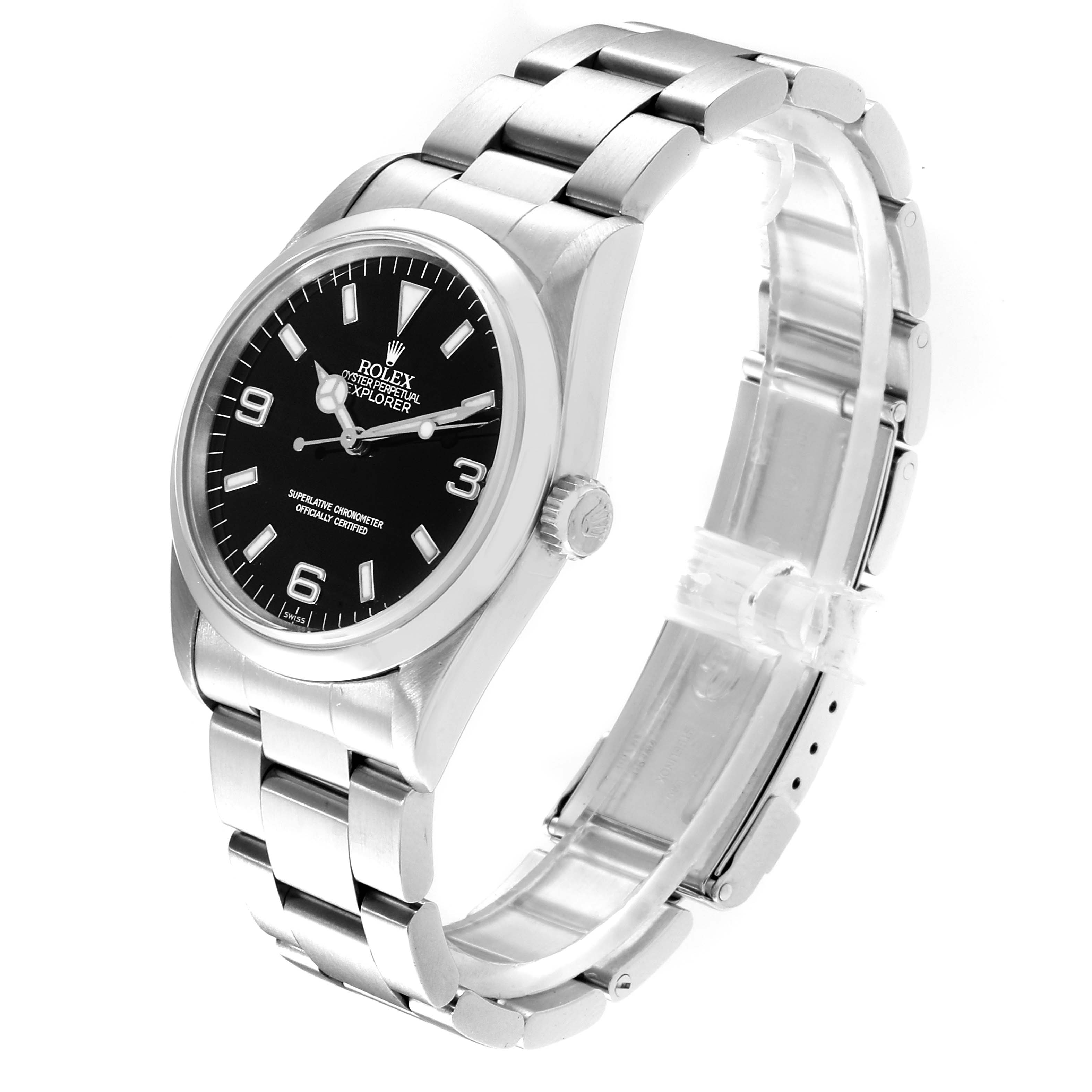 The Rolex Explorer 14270 Men
s Stainless Steel Black Dial 14270 Men
s Stainless Steel Black Dial watch is shown at a three-quarter angle, highlighting its black dial, stainless steel bracelet, and crown.