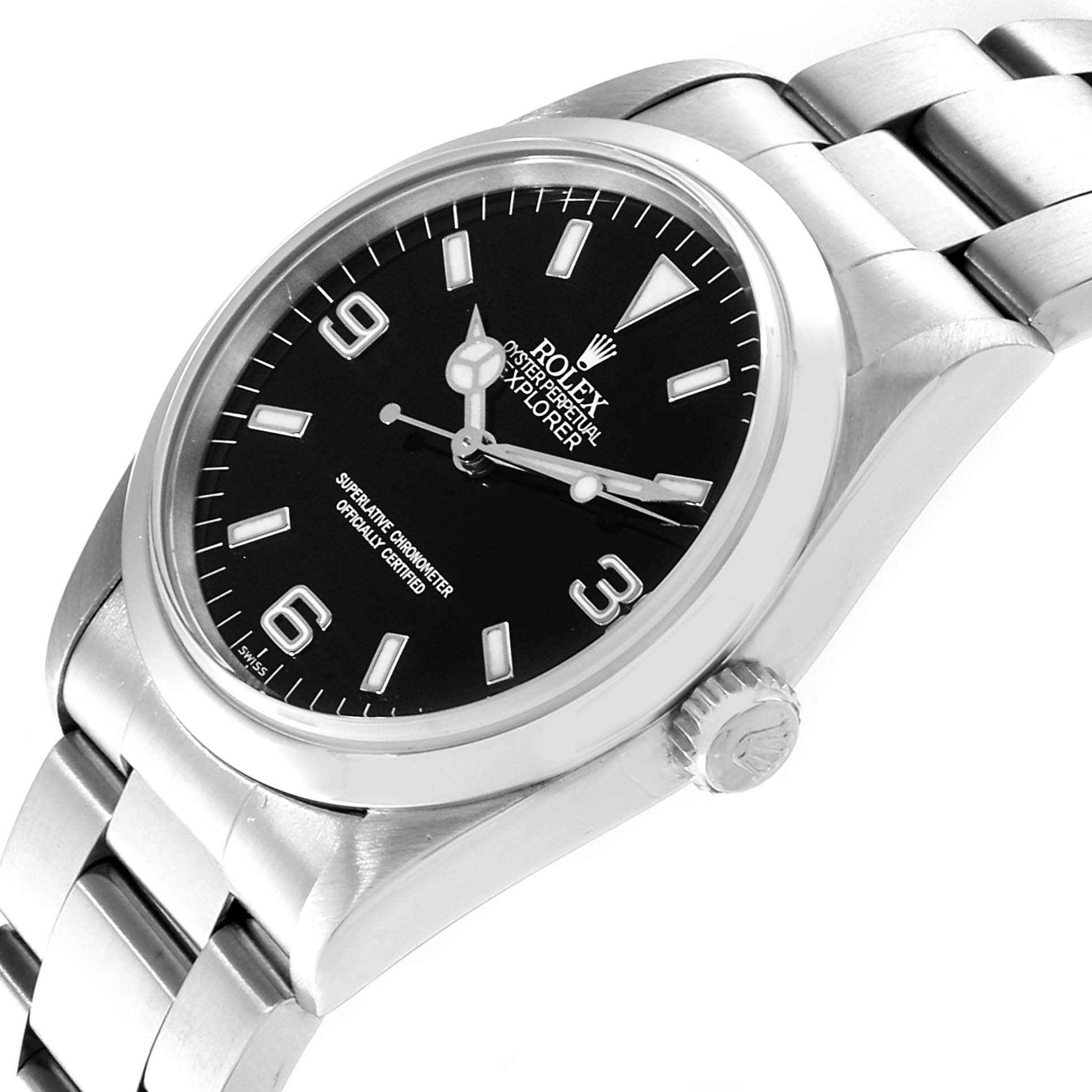 The Rolex Explorer 14270 Men
s Stainless Steel Black Dial 14270 Men
s Stainless Steel Black Dial watch is shown at a slight angle, displaying the dial, case, crown, and part of the bracelet.