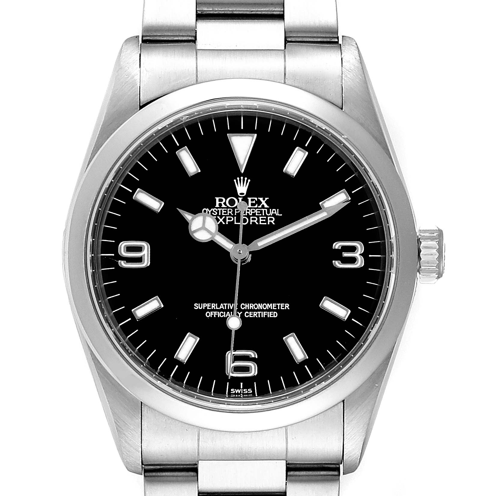 The image shows a frontal view of a Rolex Explorer 14270 Men
s Stainless Steel Black Dial 14270 Men
s Stainless Steel Black Dial watch, displaying its black dial, hour markers, and stainless steel bracelet.