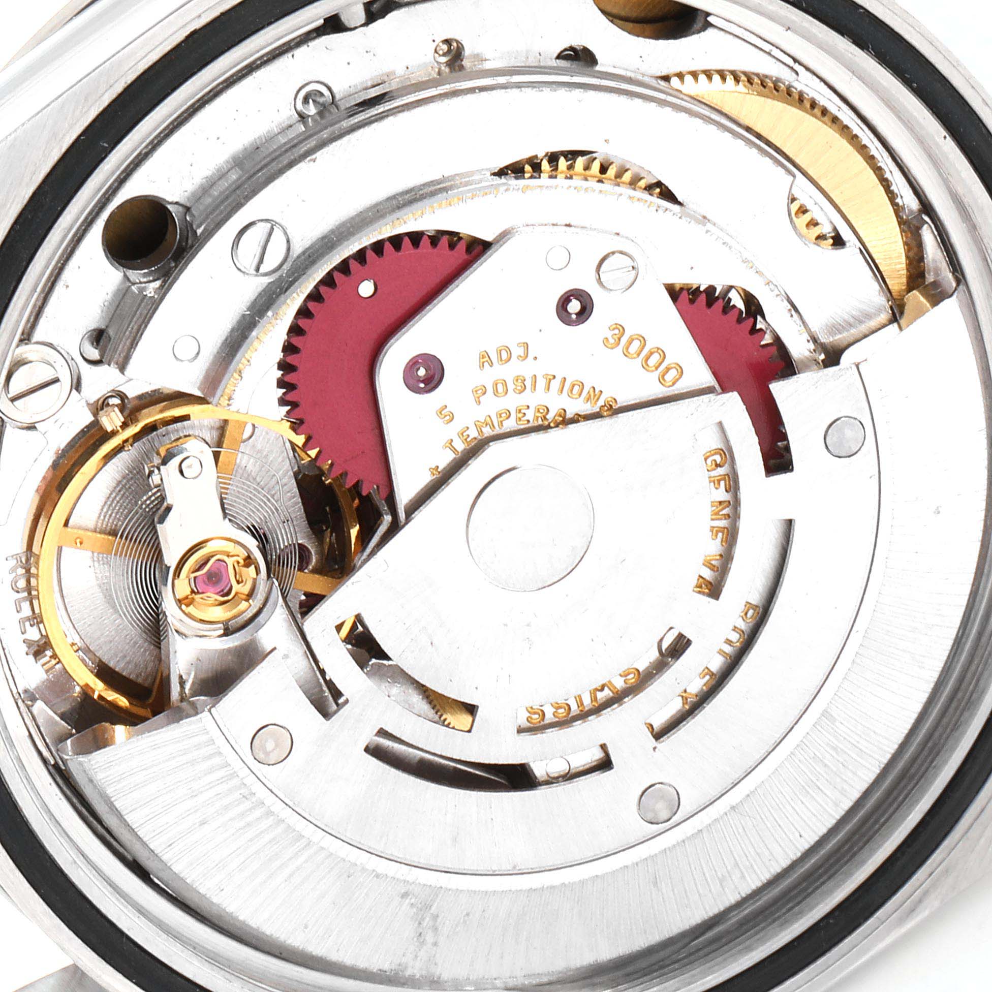 This image shows a close-up of the inner mechanical movement of a Rolex Explorer 14270 Men
s Stainless Steel Black Dial 14270 Men
s Stainless Steel Black Dial watch, highlighting its gears and rotor.