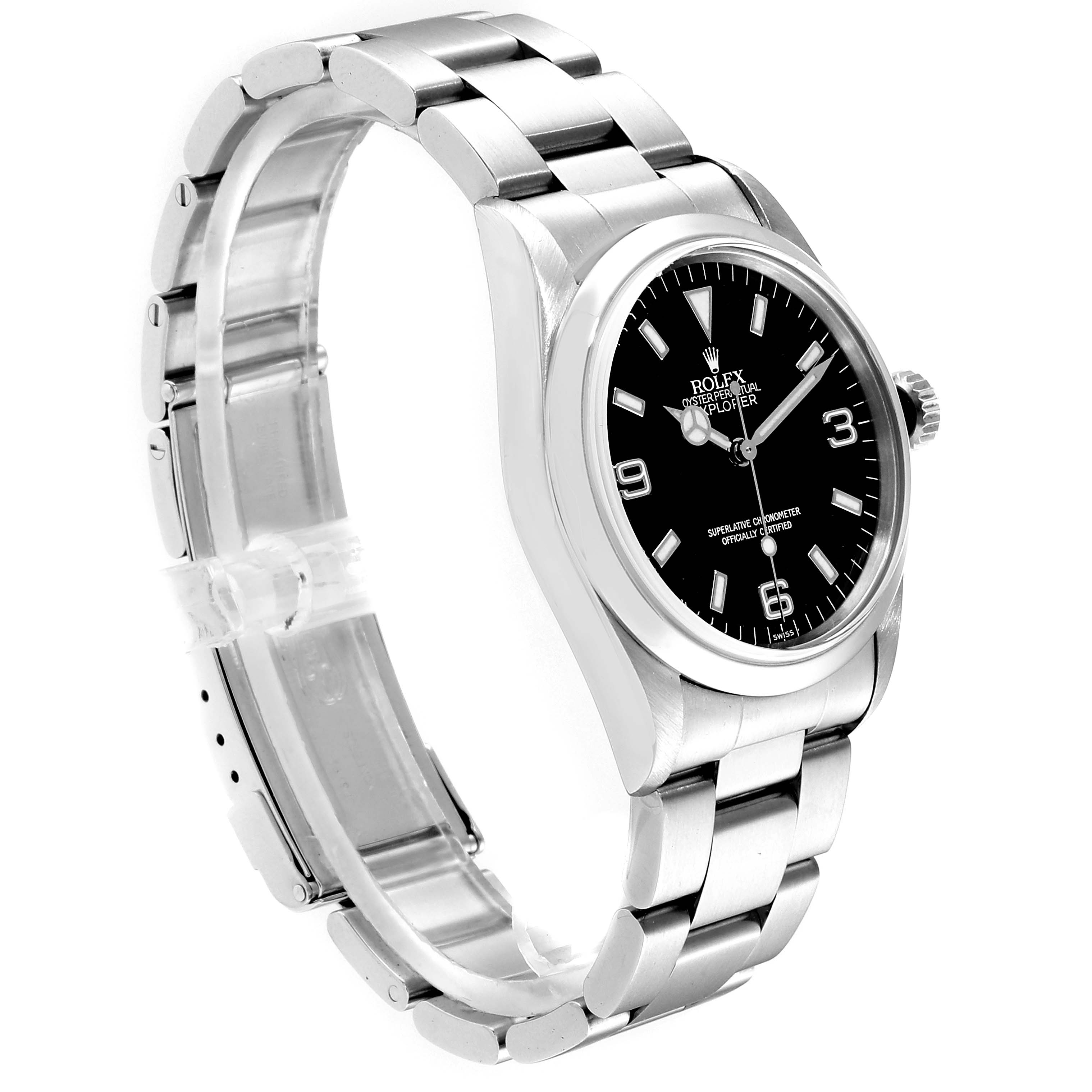 The image shows a Rolex Explorer 14270 Men
s Stainless Steel Black Dial 14270 Men
s Stainless Steel Black Dial watch at a slight angle, highlighting the bracelet, bezel, and black dial.