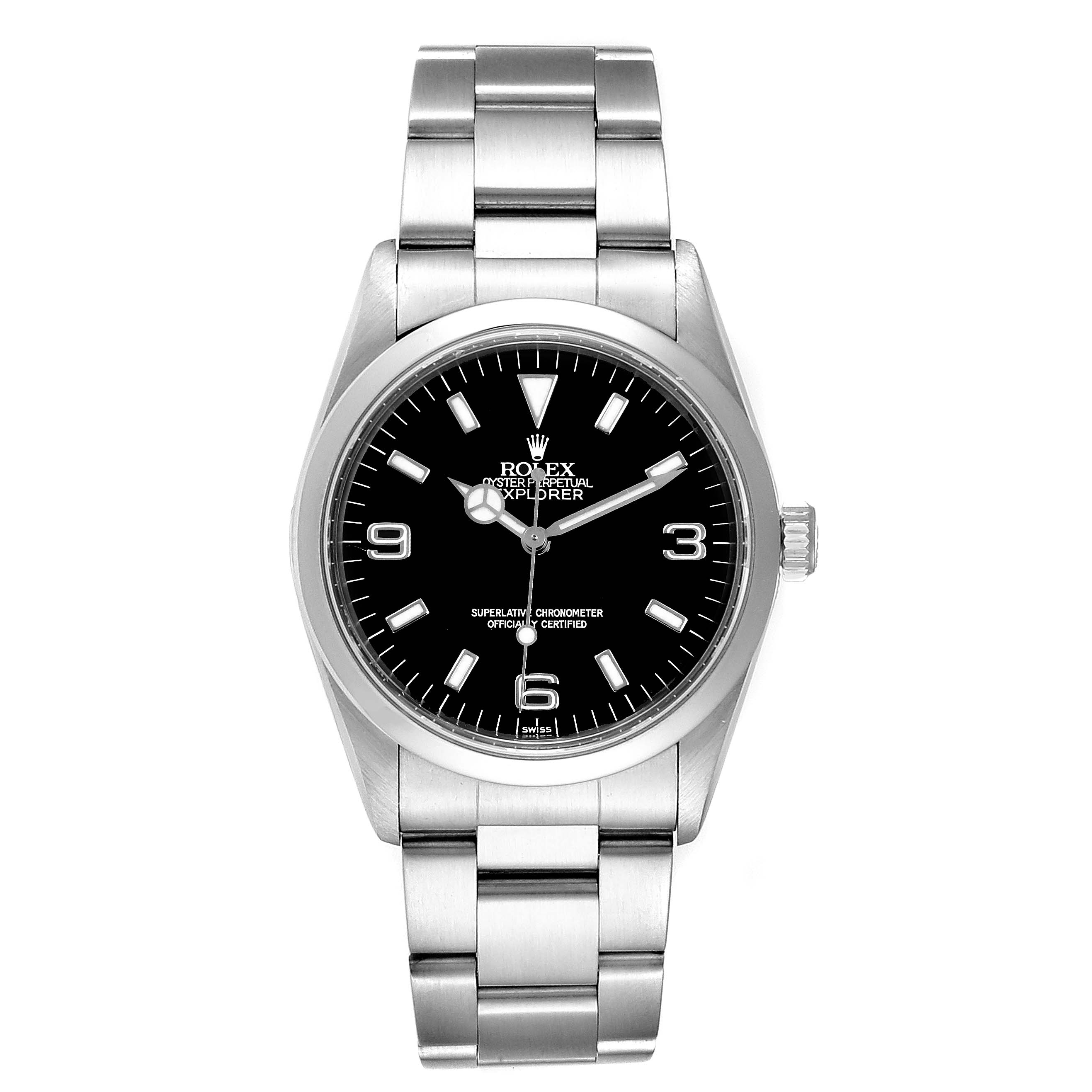 The image shows the Rolex Explorer 14270 Men
s Stainless Steel Black Dial 14270 Men
s Stainless Steel Black Dial watch from a front angle, displaying the dial, bezel, and bracelet.
