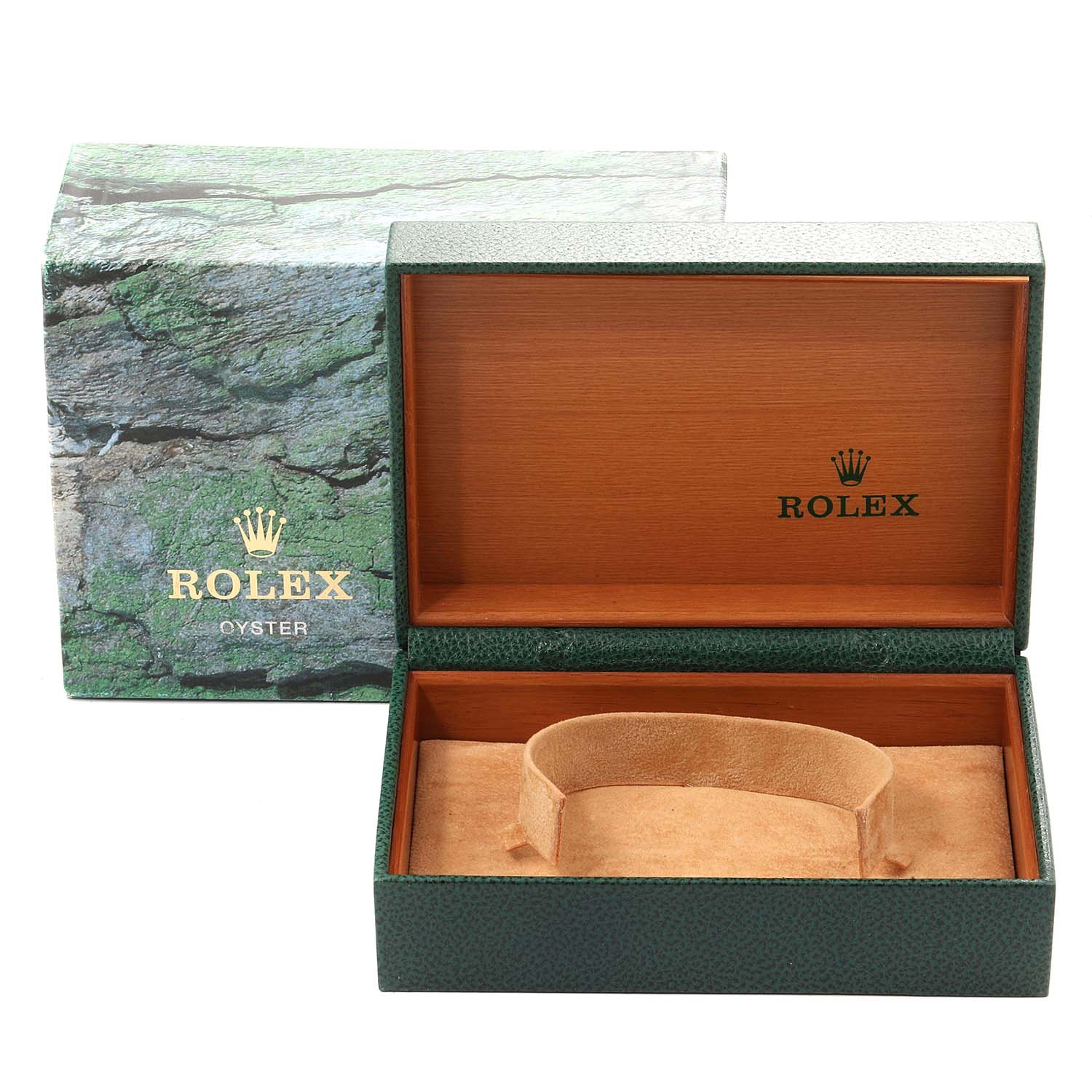 The image shows an opened green Rolex box with the lid up and the Explorer model watch cradle inside.