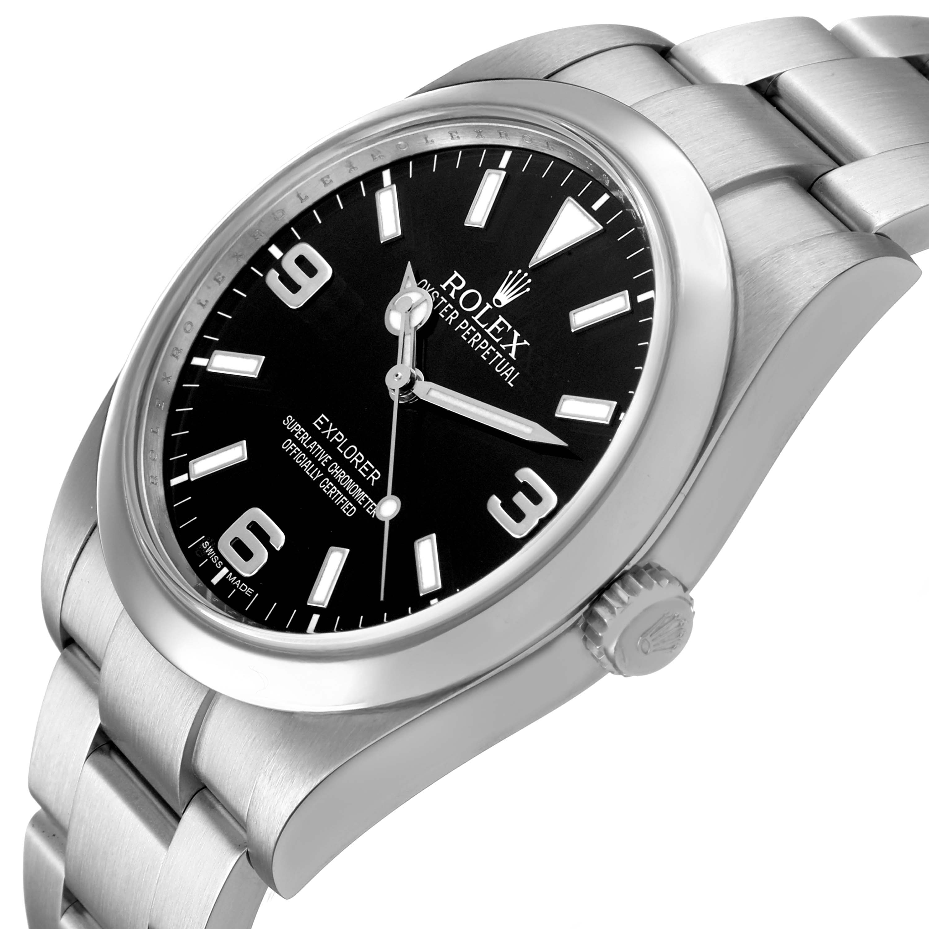 The Rolex Explorer 214270 Men's Stainless Steel Black Dial watch is shown at a slight angle, highlighting its black dial, stainless steel case, and bracelet.