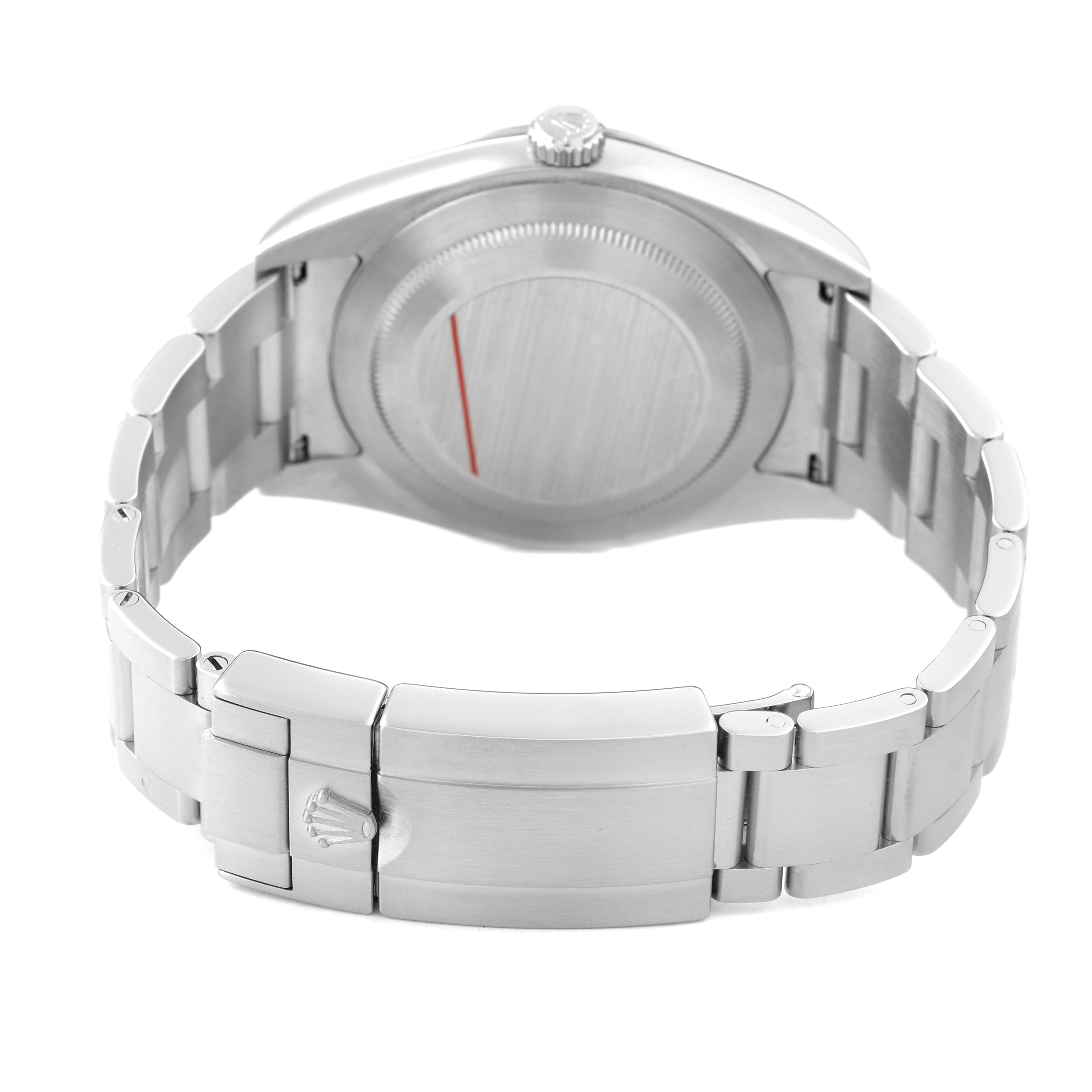 The image shows the back of a Rolex Explorer 214270 Men's Stainless Steel Black Dial watch, including the case back, bracelet, and clasp.