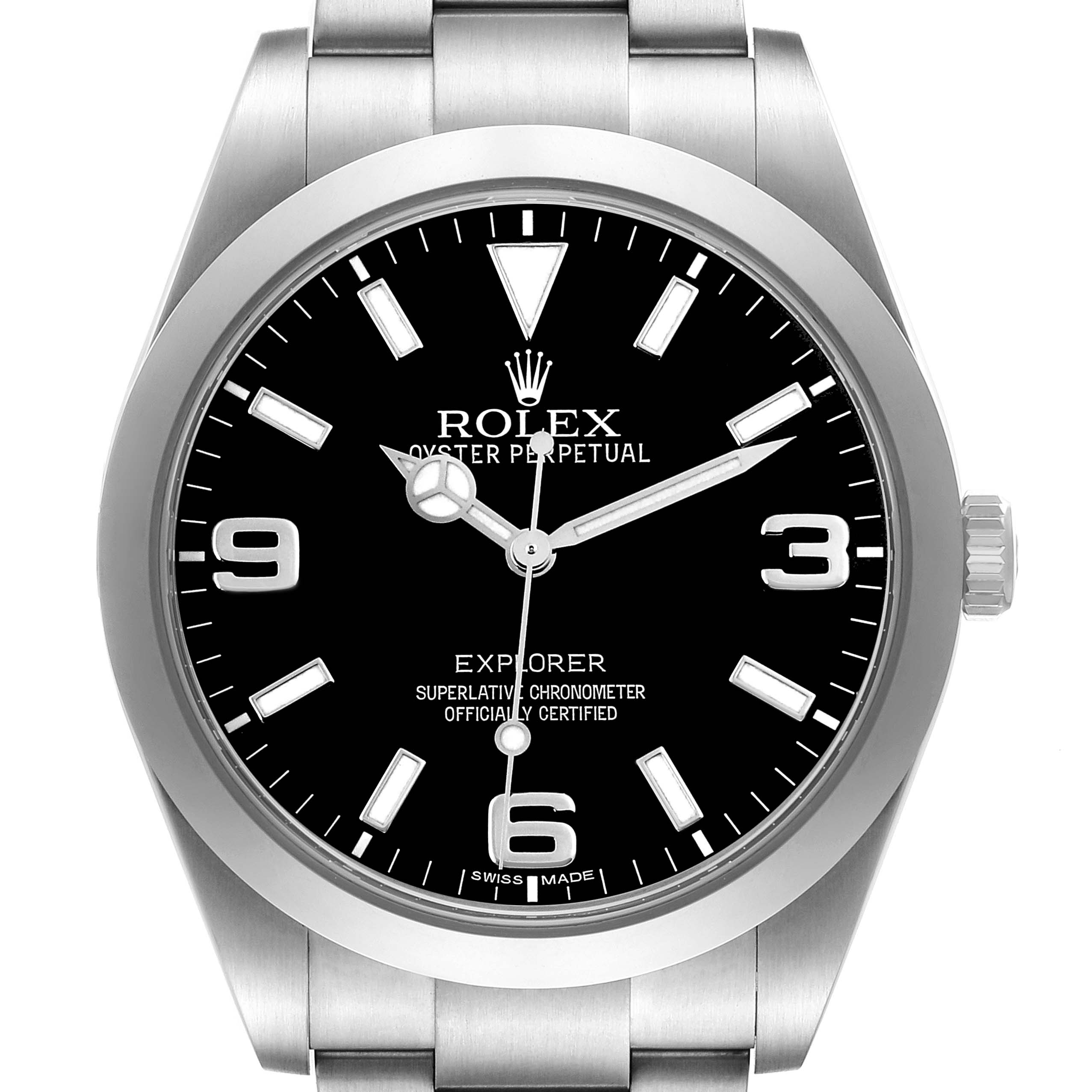 The Rolex Explorer 214270 Men's Stainless Steel Black Dial watch is shown from a front angle, displaying the dial, bezel, and bracelet.