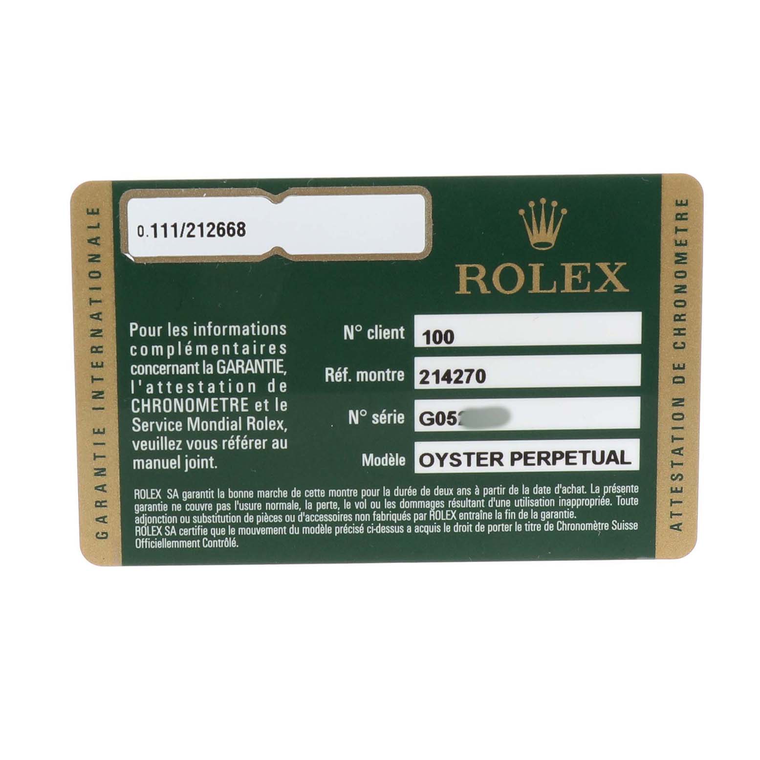 The image shows a warranty card for a Rolex Explorer 214270 Men's Stainless Steel Black Dial model, detailing reference and serial numbers.