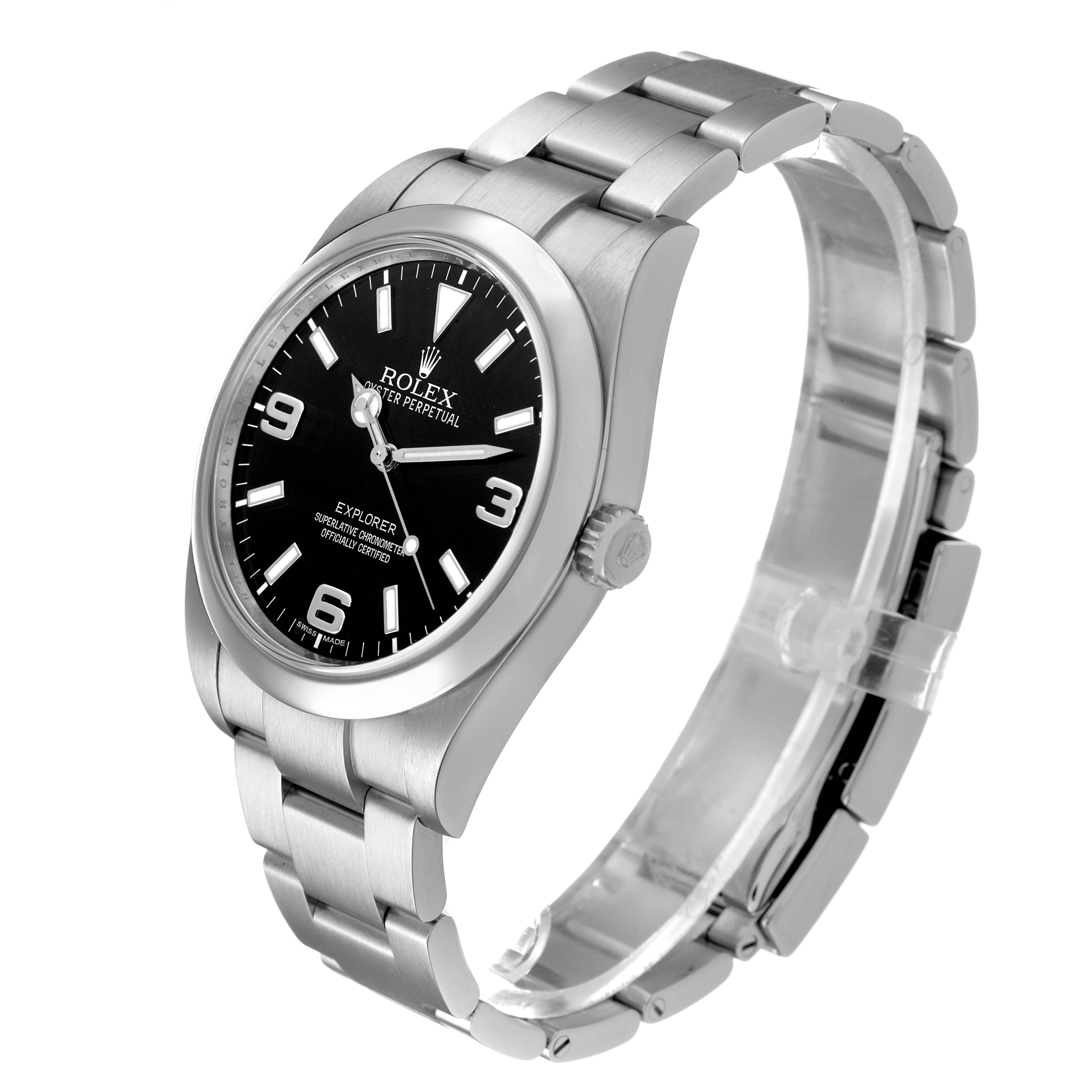 The Rolex Explorer 214270 Men's Stainless Steel Black Dial watch is shown at a three-quarter angle, highlighting the face, bezel, crown, and bracelet.