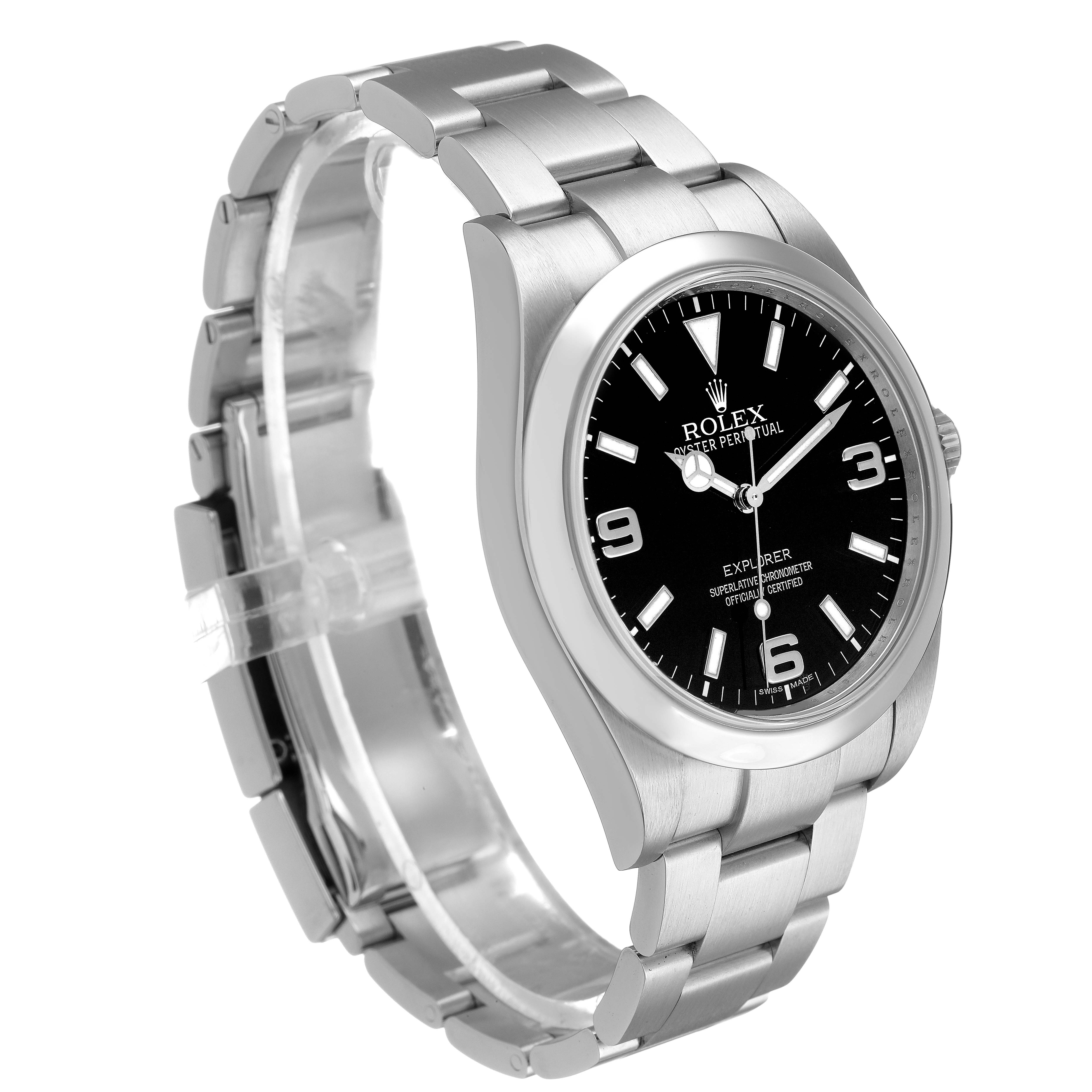 The Rolex Explorer 214270 Men's Stainless Steel Black Dial watch is shown at a three-quarter angle highlighting the stainless steel bracelet and black dial.