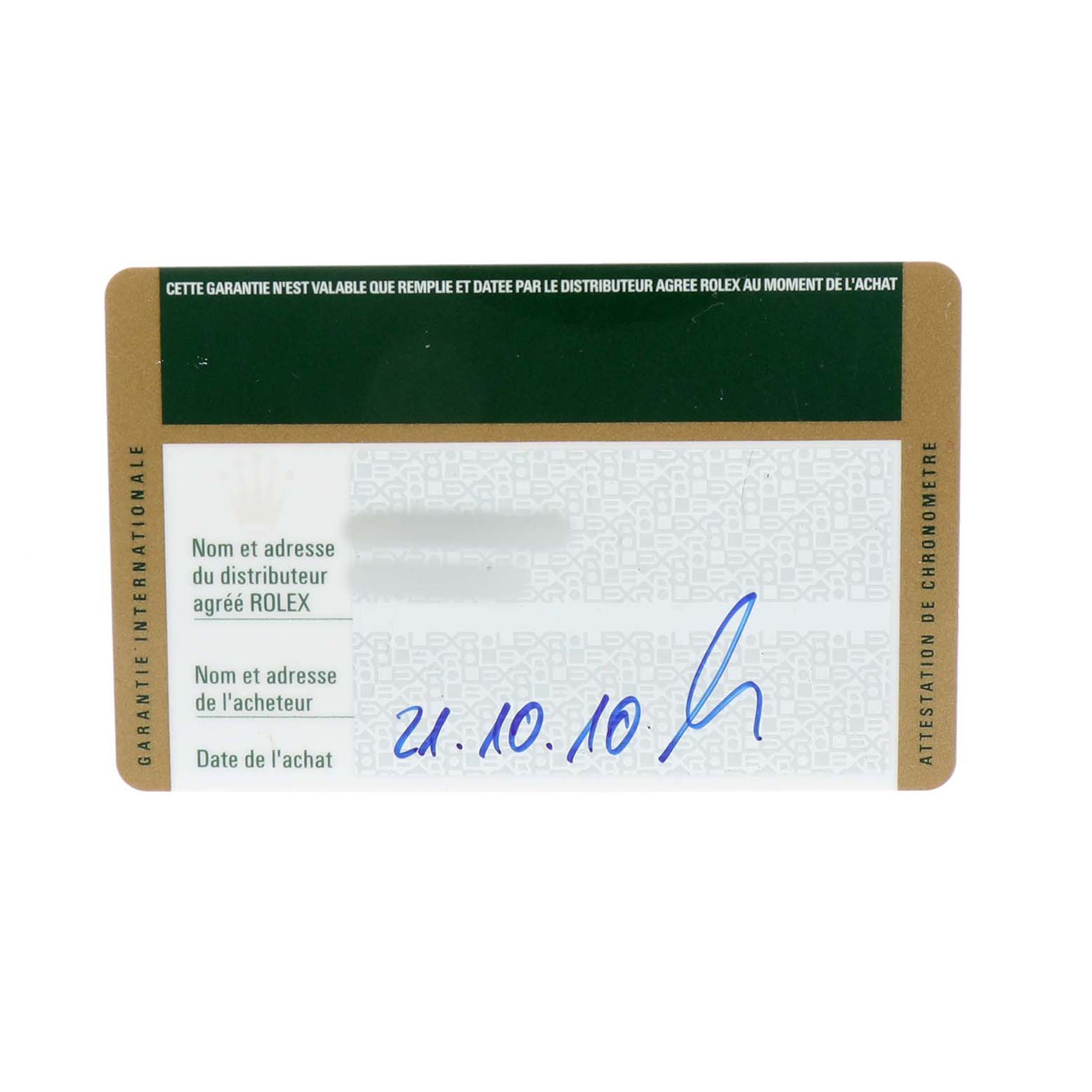 The image shows a warranty card for a Rolex Explorer 214270 Men's Stainless Steel Black Dial watch with a date written on it.