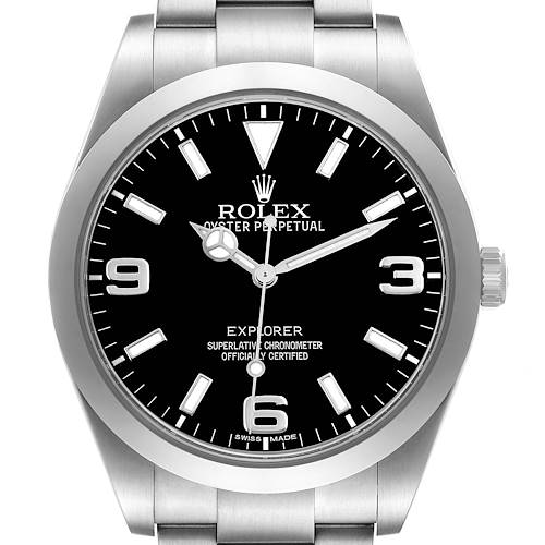 The Rolex Explorer 214270 Men's Stainless Steel Black Dial watch is shown from the front, featuring the dial, hands, markers, crown, and part of the bracelet.