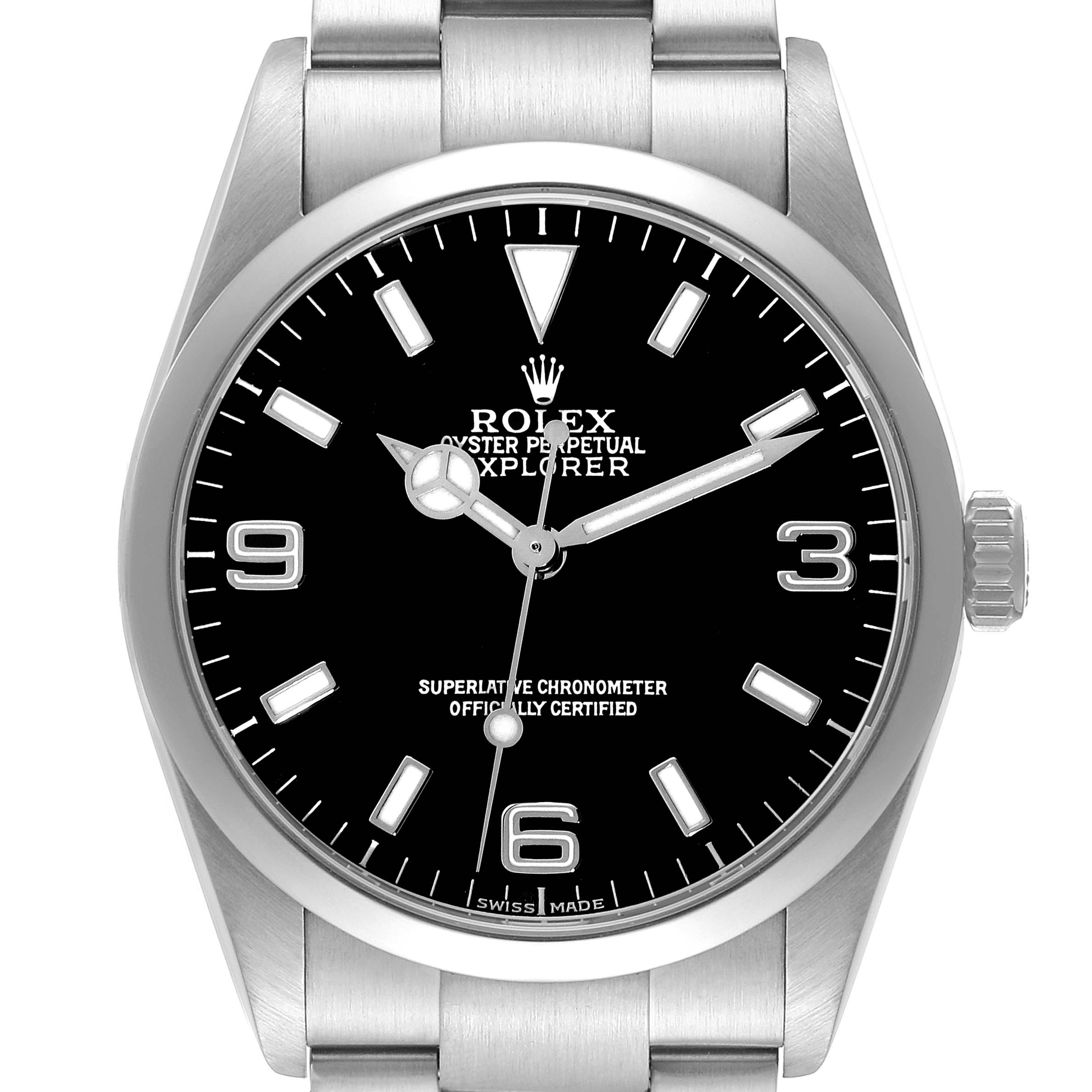 The image shows a Rolex Explorer 114270 Men
s Stainless Steel Black Dial 114270 Men
s Stainless Steel Black Dial model watch from a front angle, highlighting its black dial, hour markers, and stainless steel bracelet.