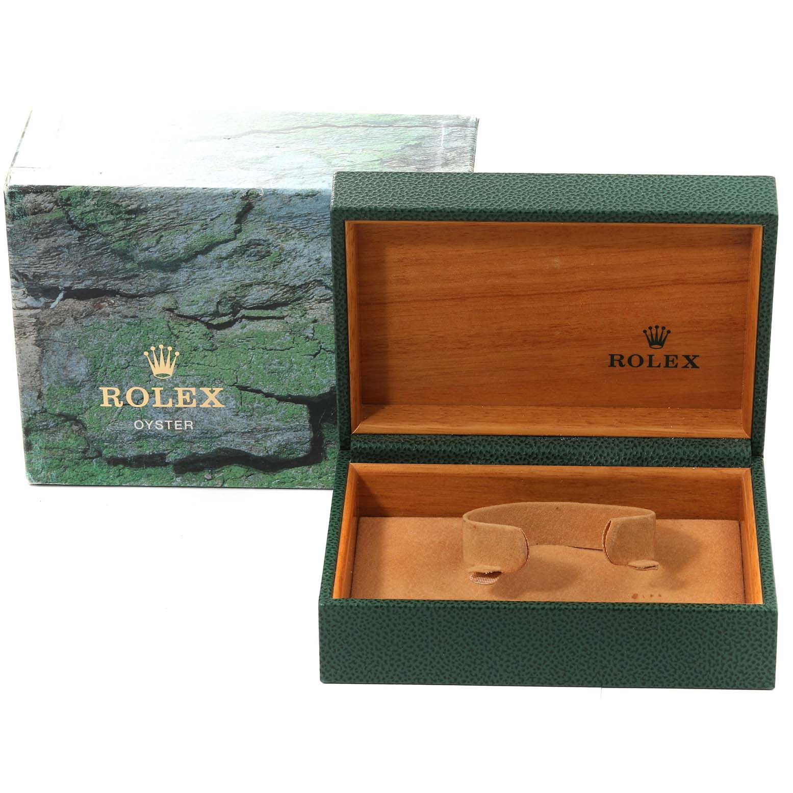 The image shows an open Rolex Explorer 114270 Men
s Stainless Steel Black Dial 114270 Men
s Stainless Steel Black Dial watch box, featuring wood and leather interior, alongside its outer packaging.