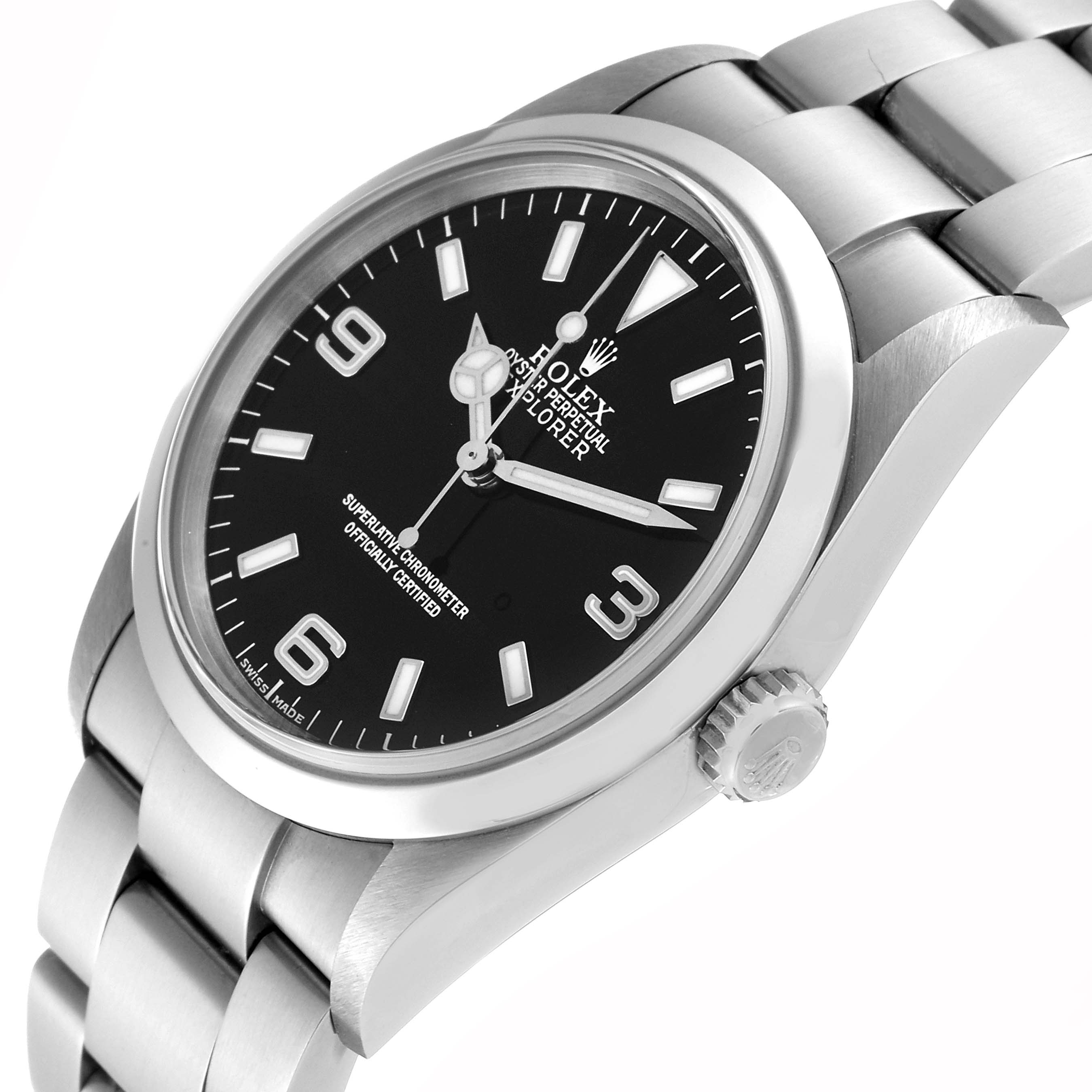 The Rolex Explorer 114270 Men
s Stainless Steel Black Dial 114270 Men
s Stainless Steel Black Dial watch is shown at a three-quarter angle, highlighting the face, bezel, crown, and bracelet.