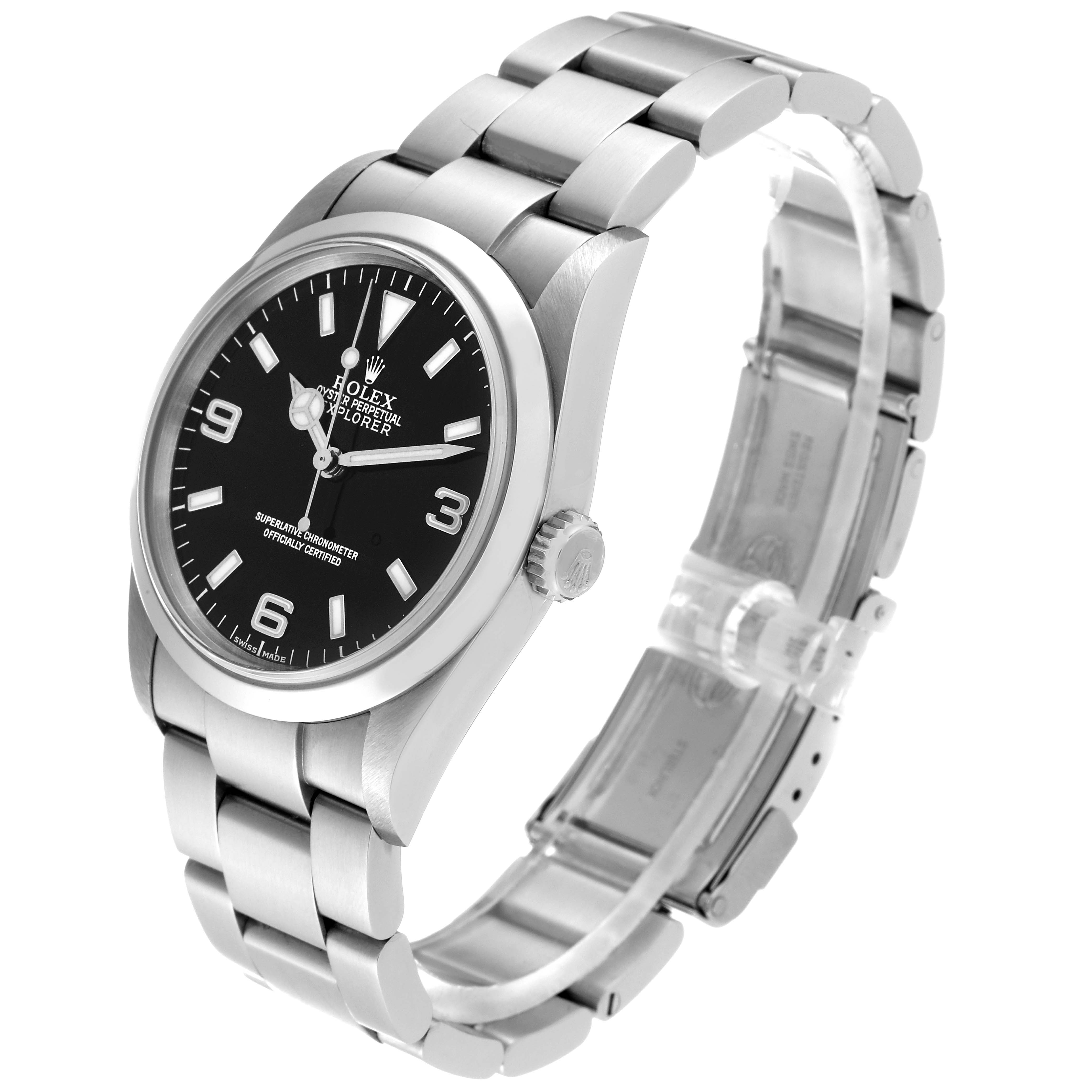 The image shows a side view of a Rolex Explorer 114270 Men
s Stainless Steel Black Dial 114270 Men
s Stainless Steel Black Dial watch, highlighting its black dial, silver bezel, and stainless steel bracelet.