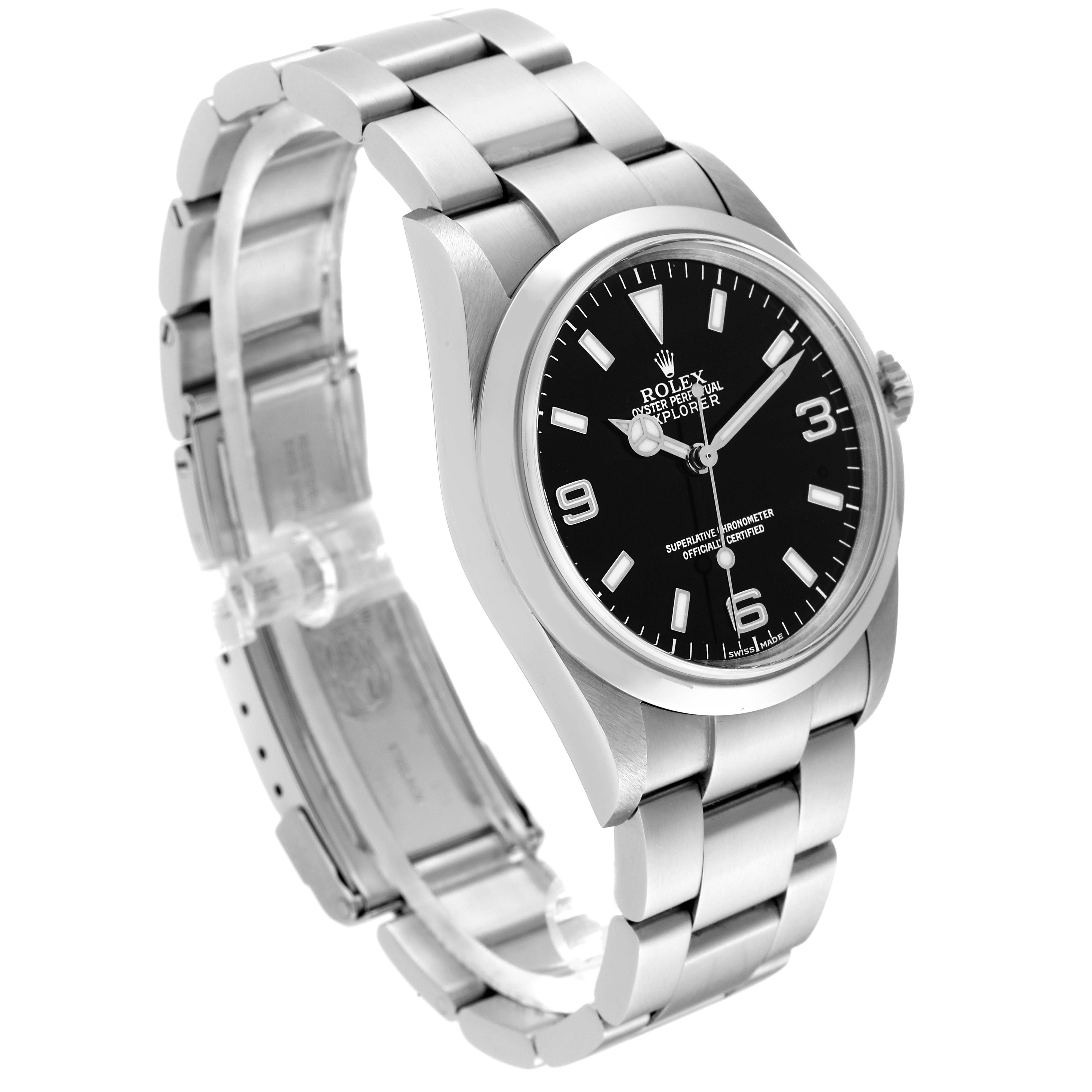 The image shows a Rolex Explorer 114270 Men
s Stainless Steel Black Dial 114270 Men
s Stainless Steel Black Dial model watch angled slightly to display its bracelet, clasp, and black dial.