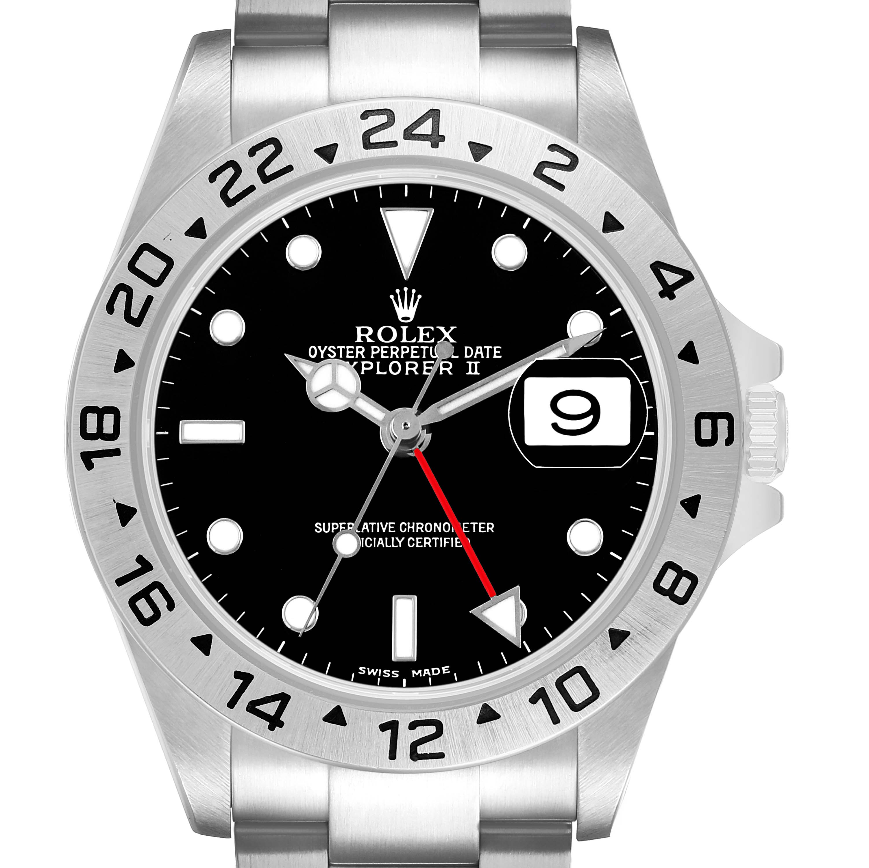 The Rolex Explorer 16570 Men's Stainless Steel Black Dial model is shown from a front angle, displaying the dial, bezel, and bracelet.