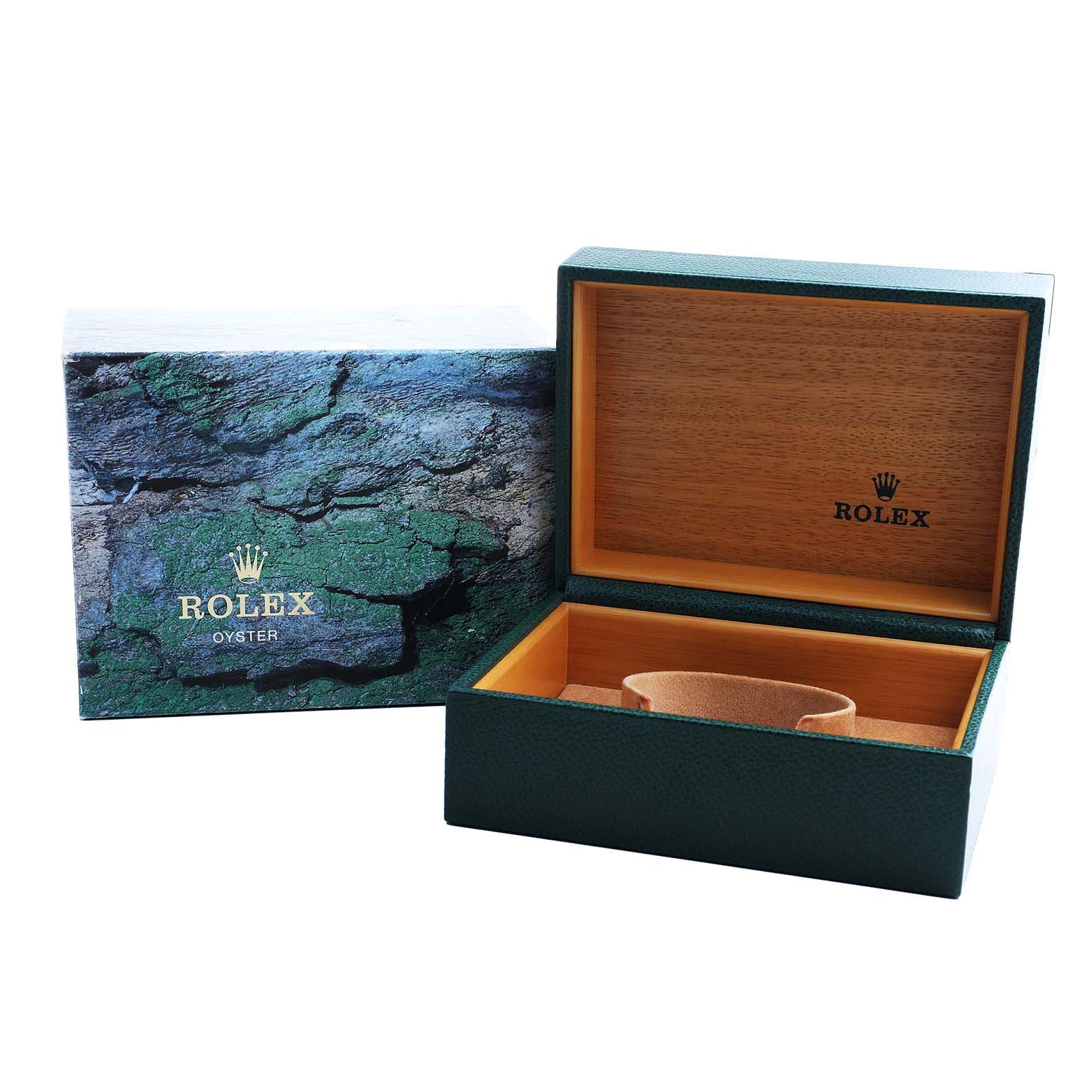 The image shows an open Rolex Explorer 16570 Men's Stainless Steel Black Dial watch box and packaging, highlighting the interior and exterior design.