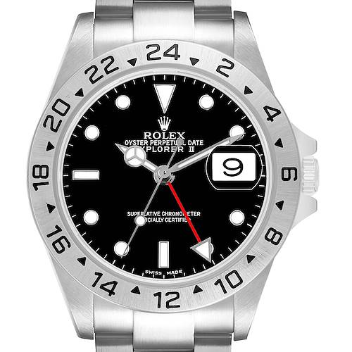 The Rolex Explorer 16570 Men's Stainless Steel Black Dial II watch is shown from the front, highlighting its dial, bezel, and bracelet.