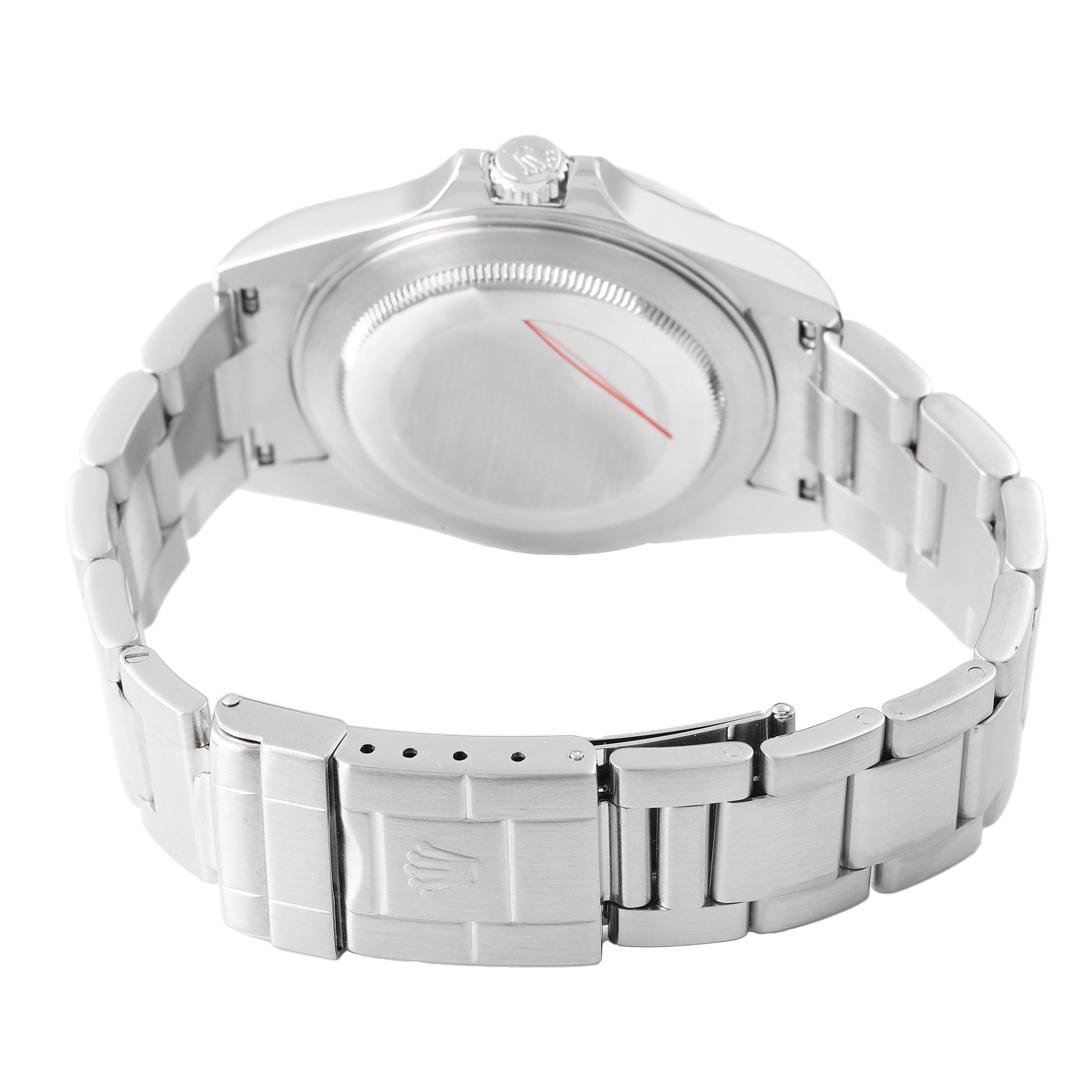 The image shows the back and bracelet of a Rolex Explorer 16570 Men's Stainless Steel Black Dial, highlighting the clasp and case back.