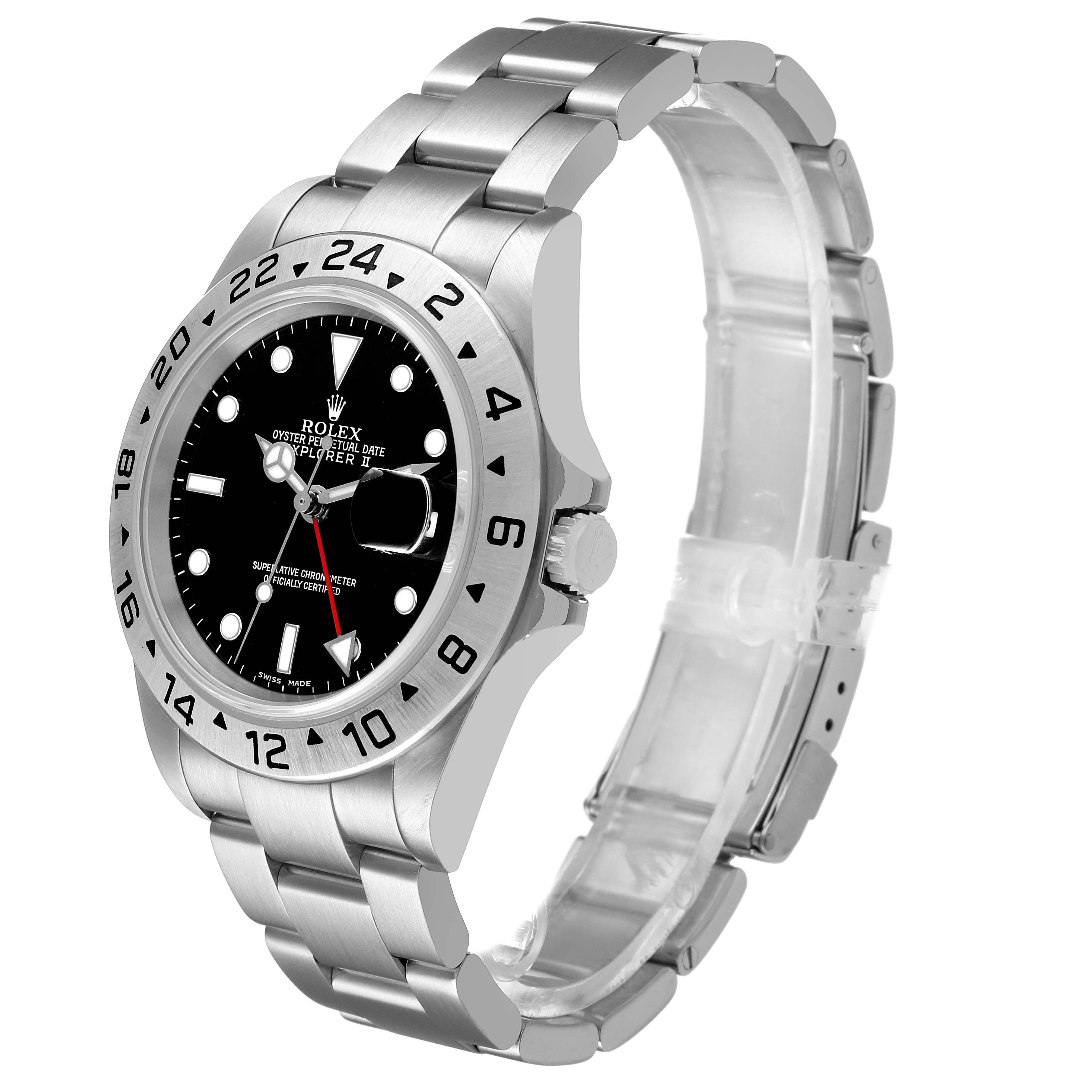 The Rolex Explorer 16570 Men's Stainless Steel Black Dial watch is shown at a side angle, highlighting the face, bezel, and bracelet.