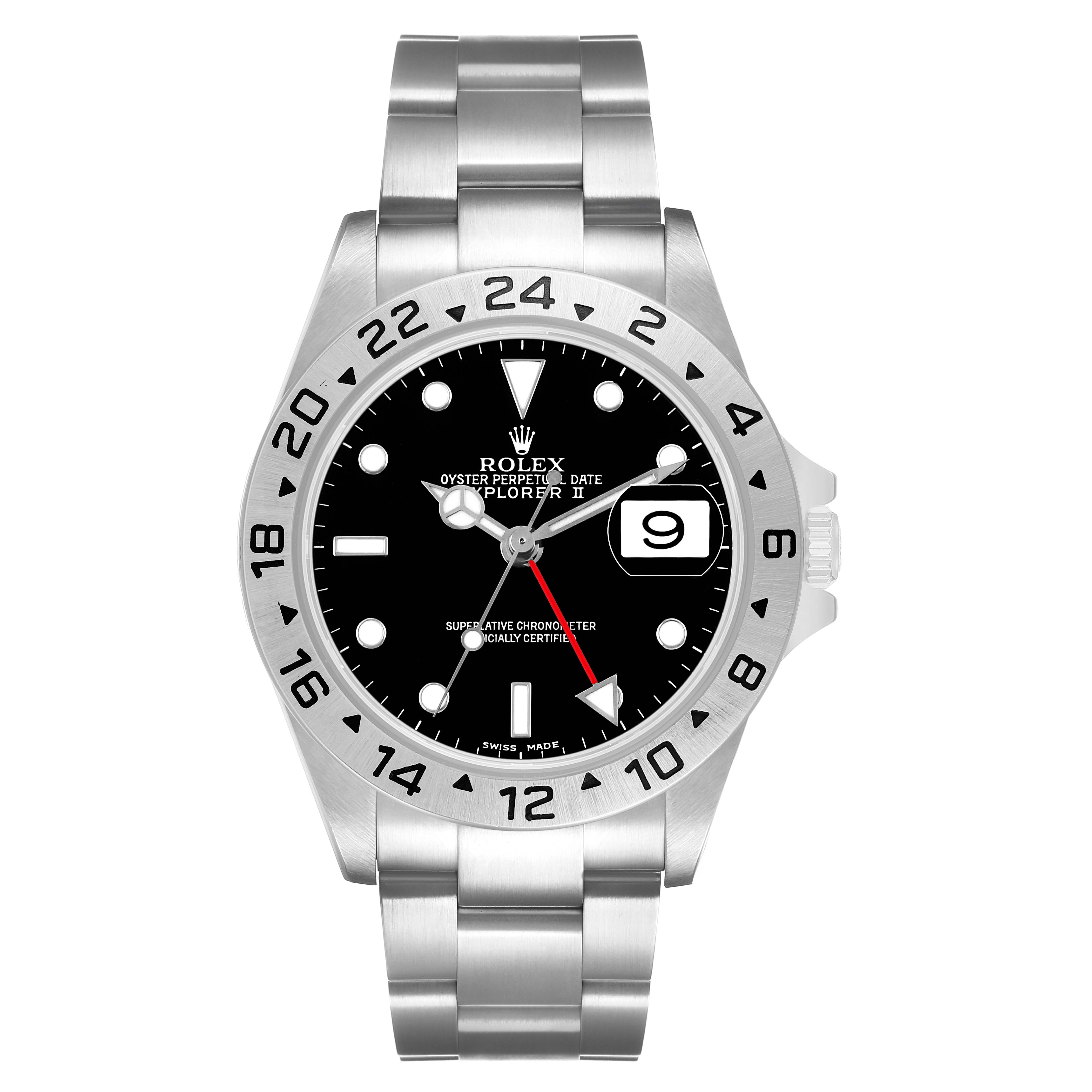 The Rolex Explorer 16570 Men's Stainless Steel Black Dial model is shown from the front, displaying the bezel, dial, hands, date window, and bracelet.