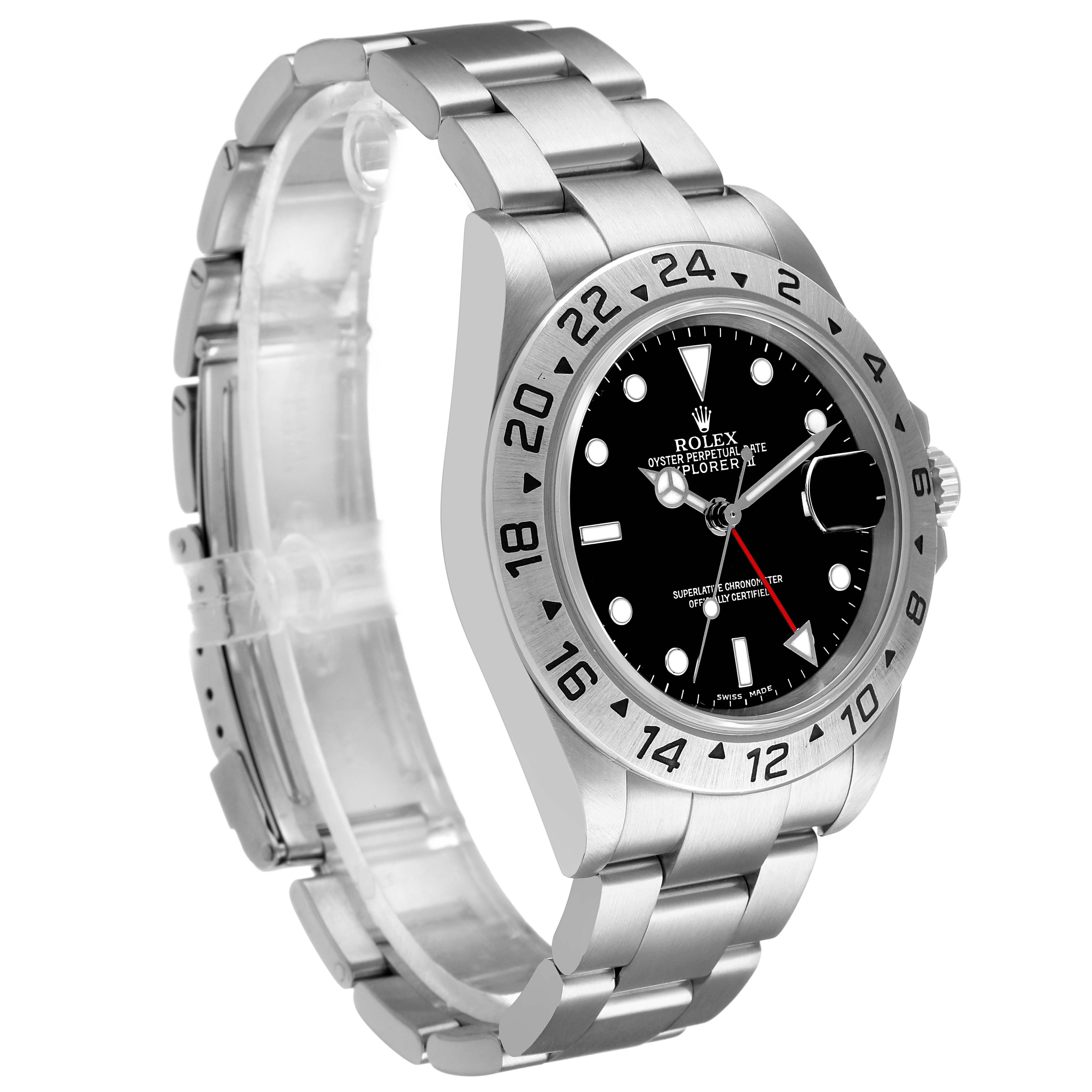 The Rolex Explorer 16570 Men's Stainless Steel Black Dial watch is shown at a three-quarter angle, displaying the bezel, dial, and metal bracelet.