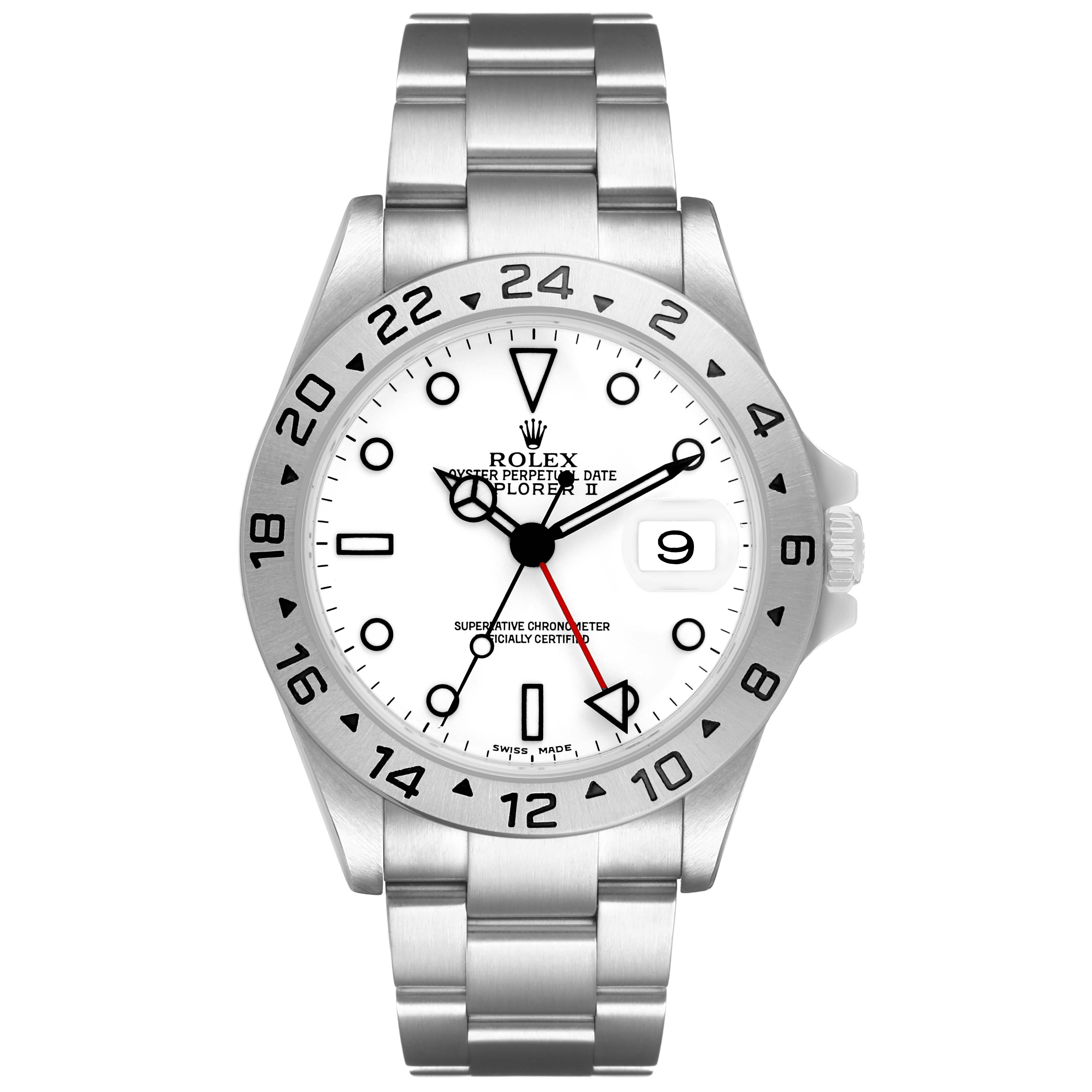 The Rolex Explorer 16570 Men's Stainless Steel White Dial II watch is shown from a front angle, highlighting the dial, bezel, and bracelet.