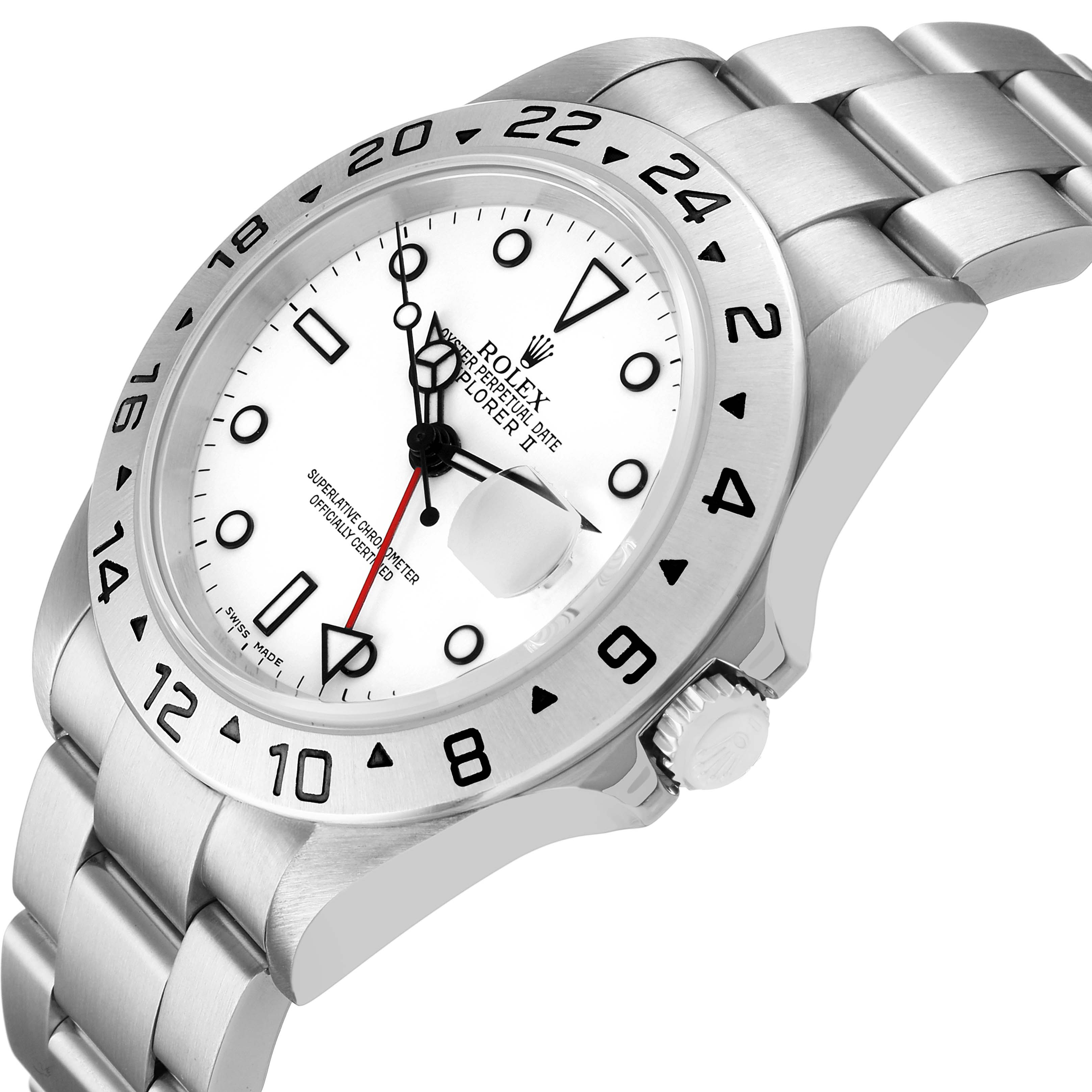 The Rolex Explorer 16570 Men's Stainless Steel White Dial watch is shown at a three-quarter angle, highlighting the dial, bezel, and bracelet.