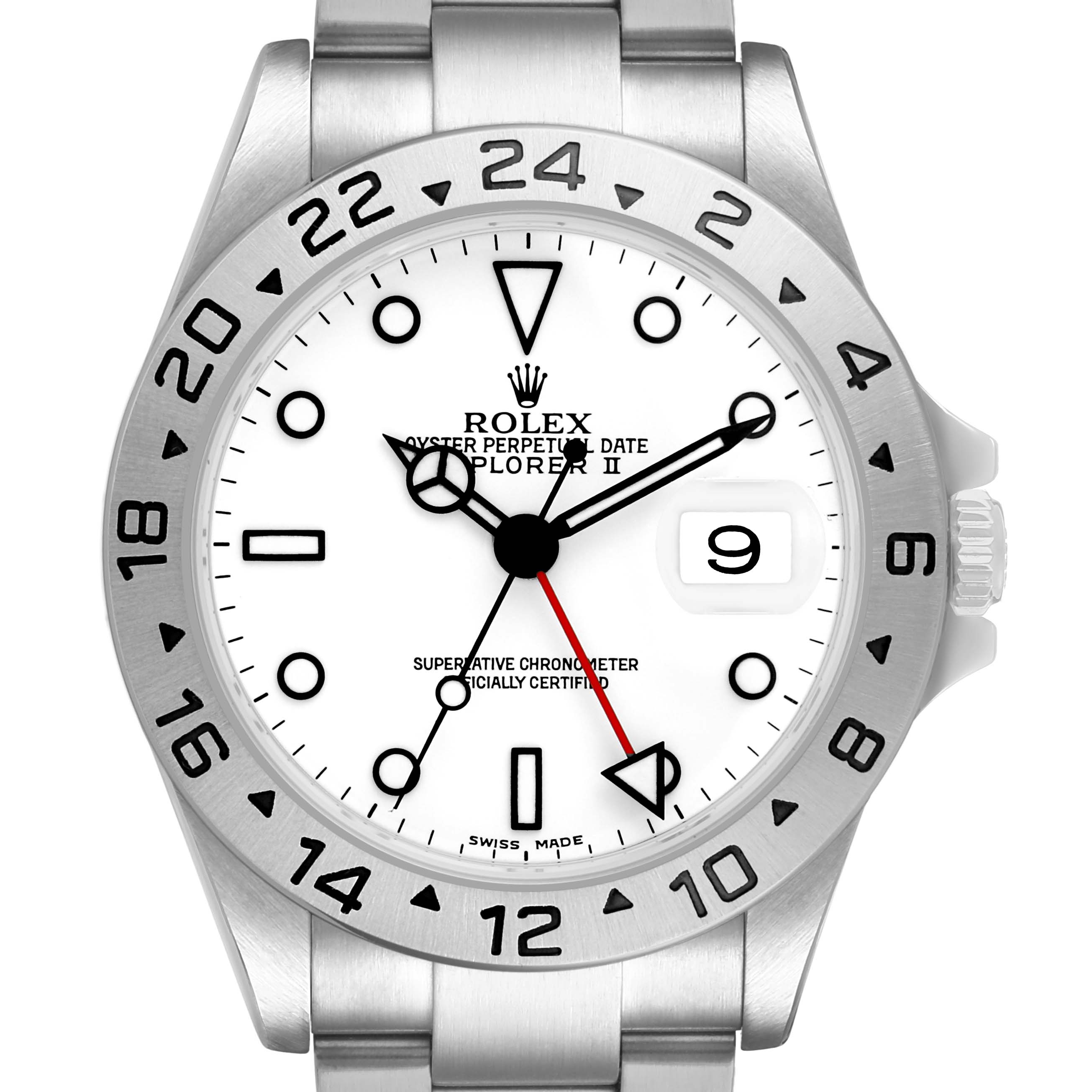 The Rolex Explorer 16570 Men's Stainless Steel White Dial II is shown from the front, highlighting the white dial, hands, date window, and marked bezel.