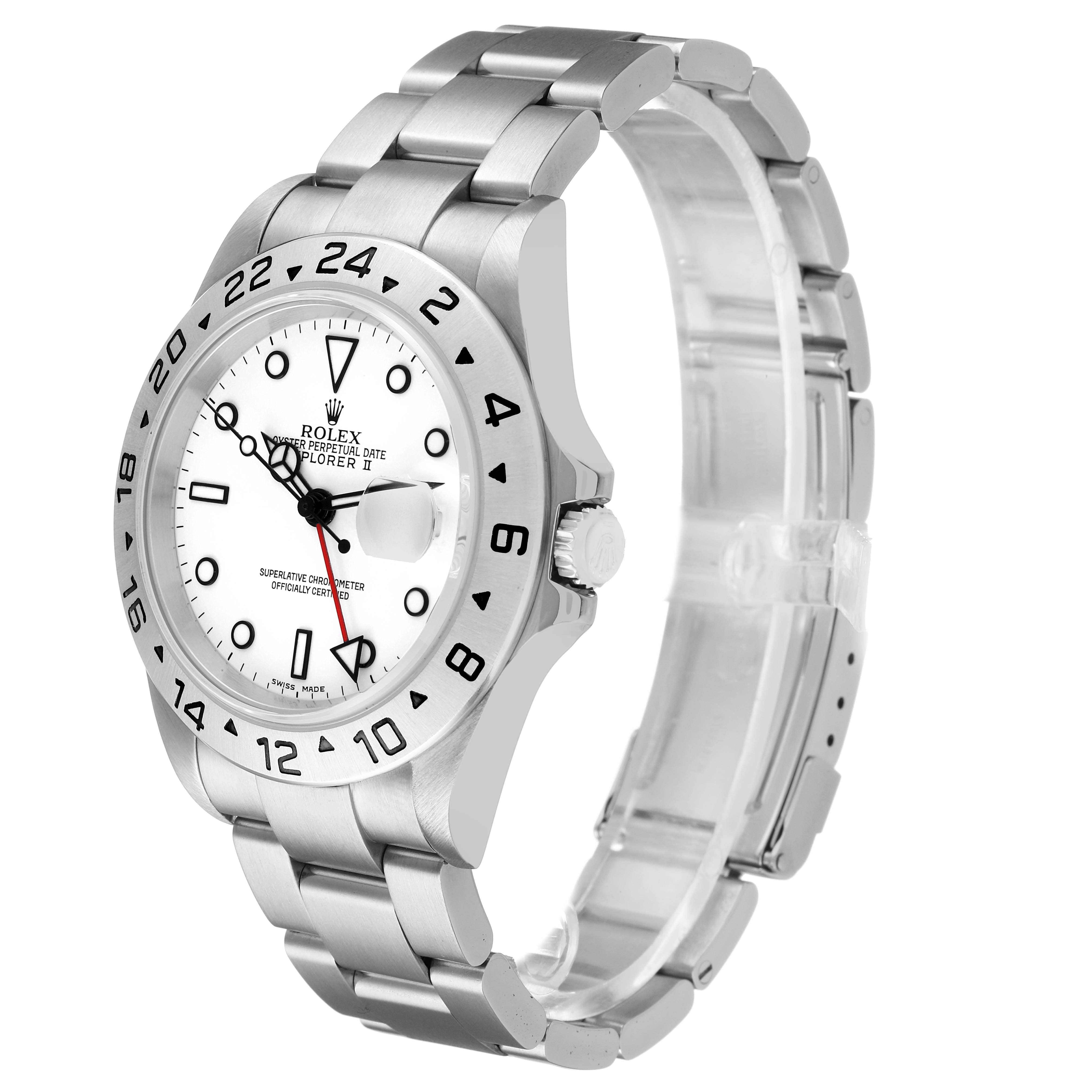 The Rolex Explorer 16570 Men's Stainless Steel White Dial watch is shown at a three-quarter angle, highlighting its white dial, bezel, crown, and bracelet.