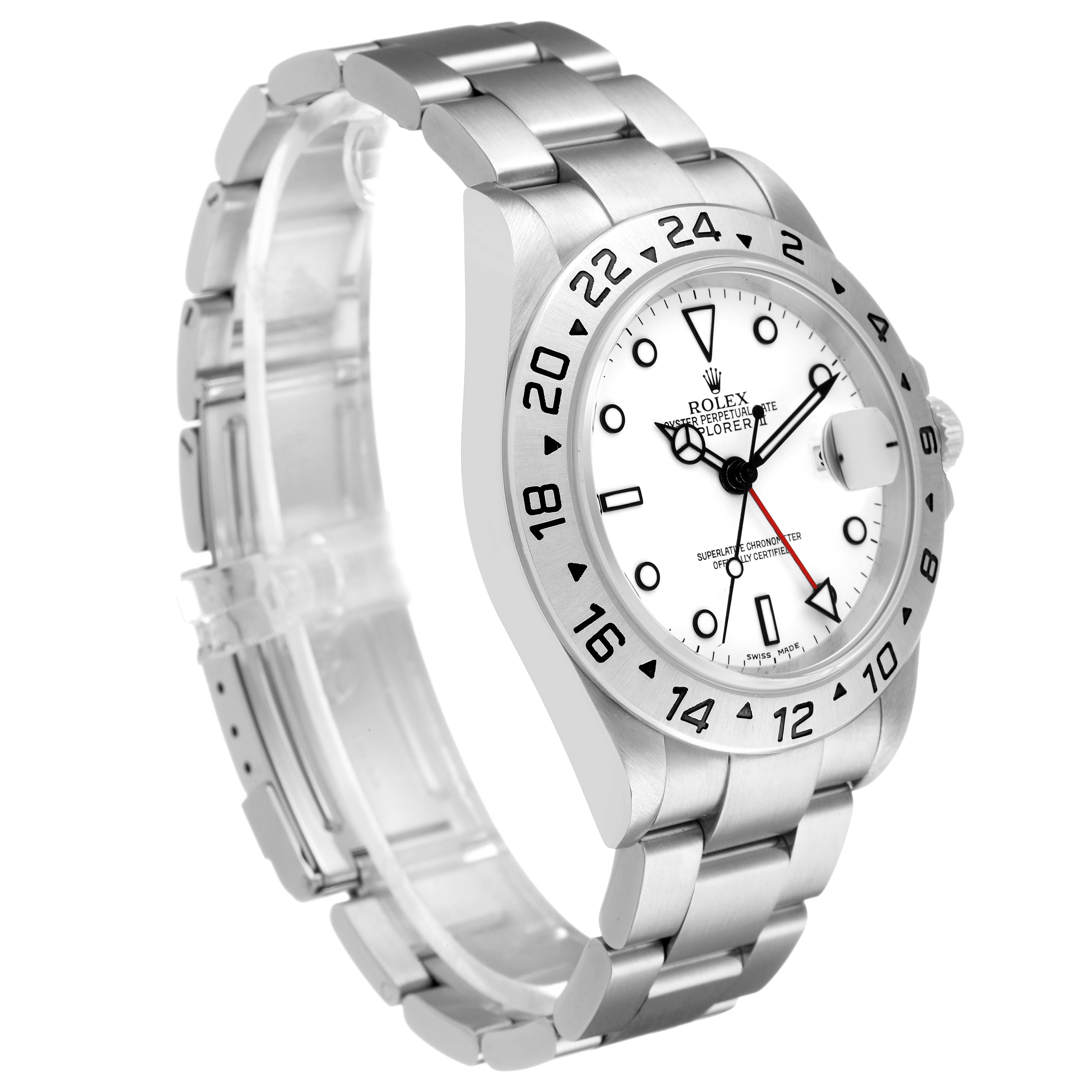 The Rolex Explorer 16570 Men's Stainless Steel White Dial model is shown at a three-quarter angle, highlighting the face, bezel, and bracelet.