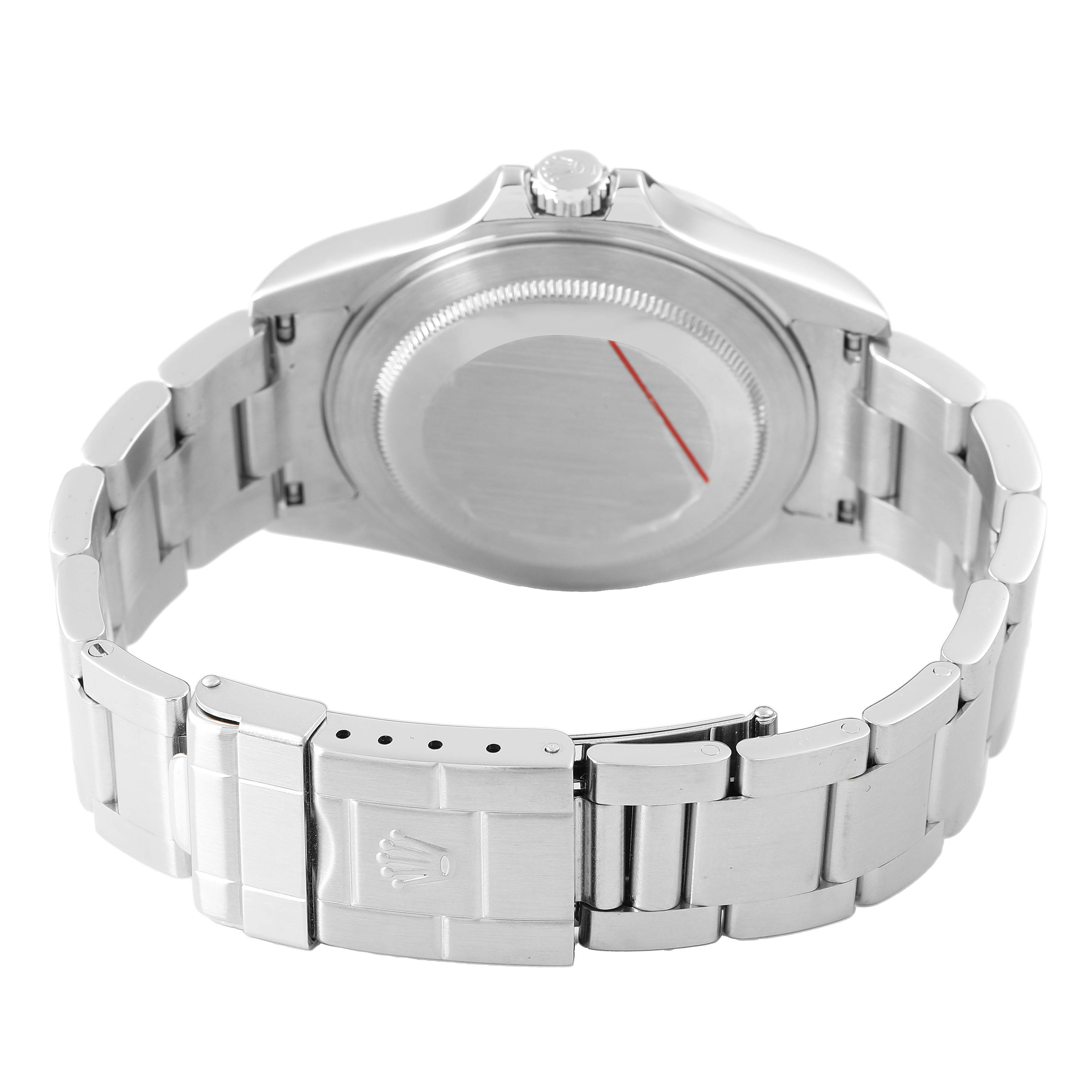 The image shows the back of a Rolex Explorer 16570 Men's Stainless Steel White Dial watch, highlighting the case back, bracelet, and clasp.