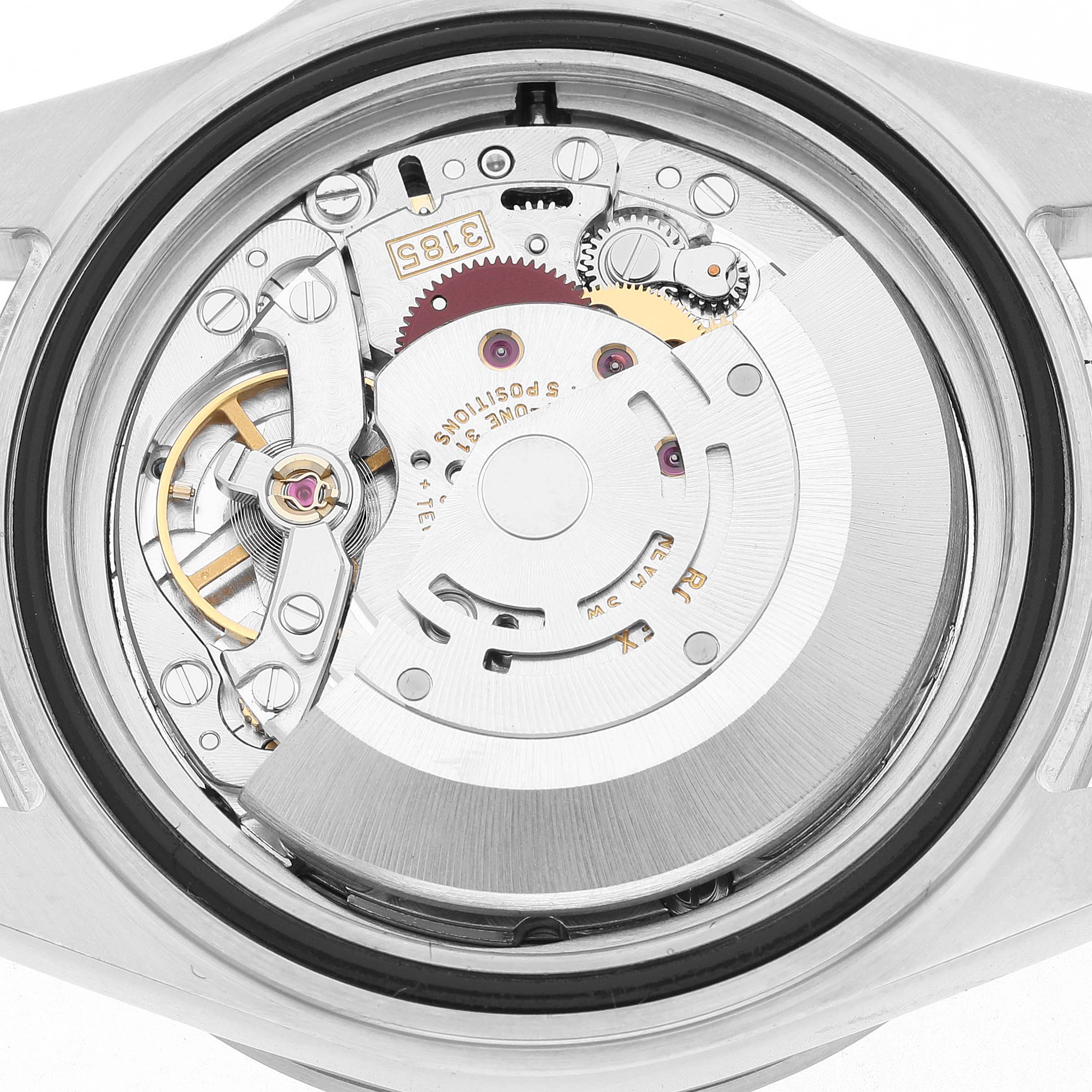 The image shows the back view of a Rolex Explorer 16570 Men's Stainless Steel White Dial, revealing its intricate mechanical movement.