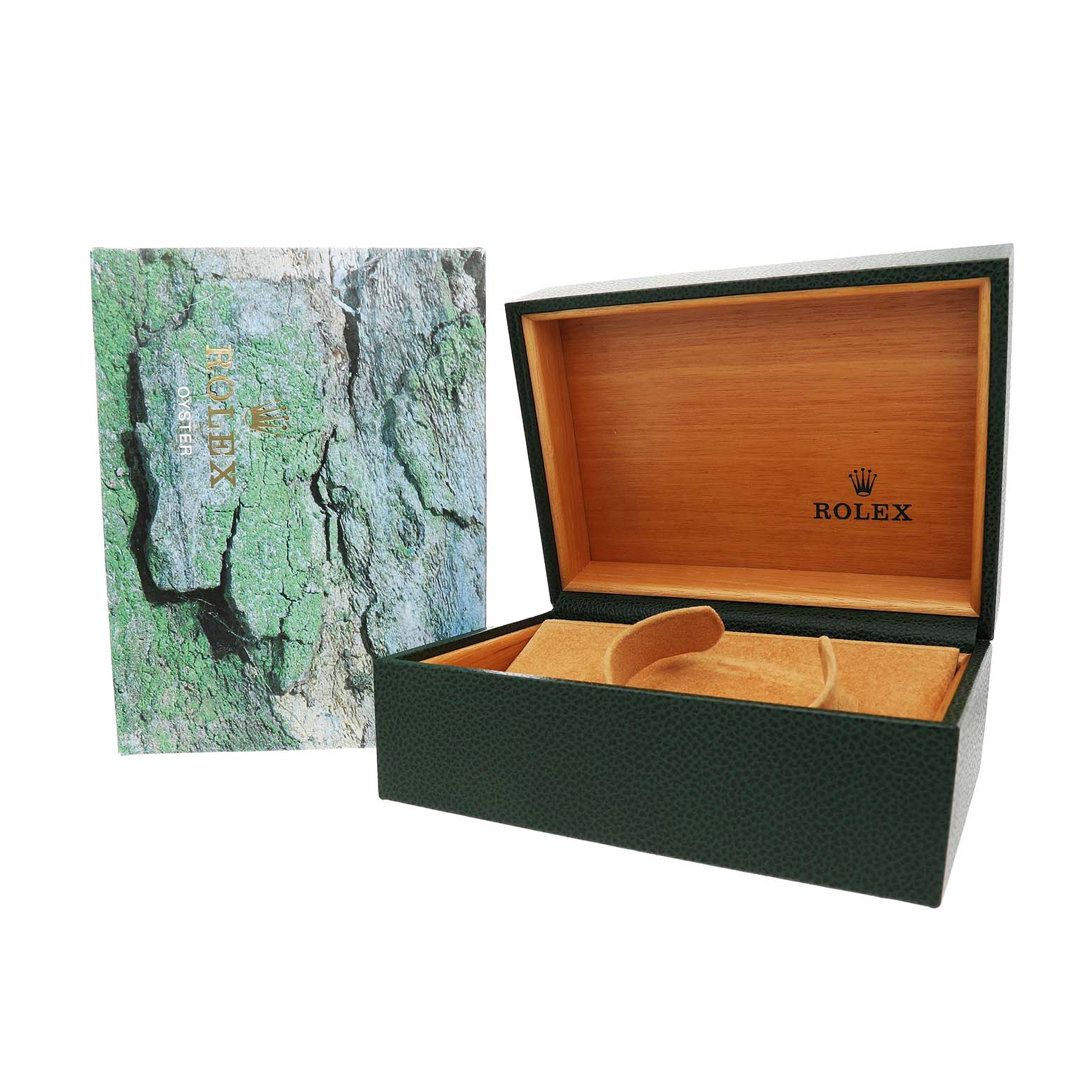 The image shows a Rolex Explorer 16570 Men's Stainless Steel White Dial watch box with wood and leather details, and its outer packaging at an angle displaying both open.
