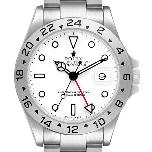 The Rolex Explorer 16570 Men's Stainless Steel White Dial model is shown from a front angle, displaying the dial, bezel with 24-hour markings, and bracelet.