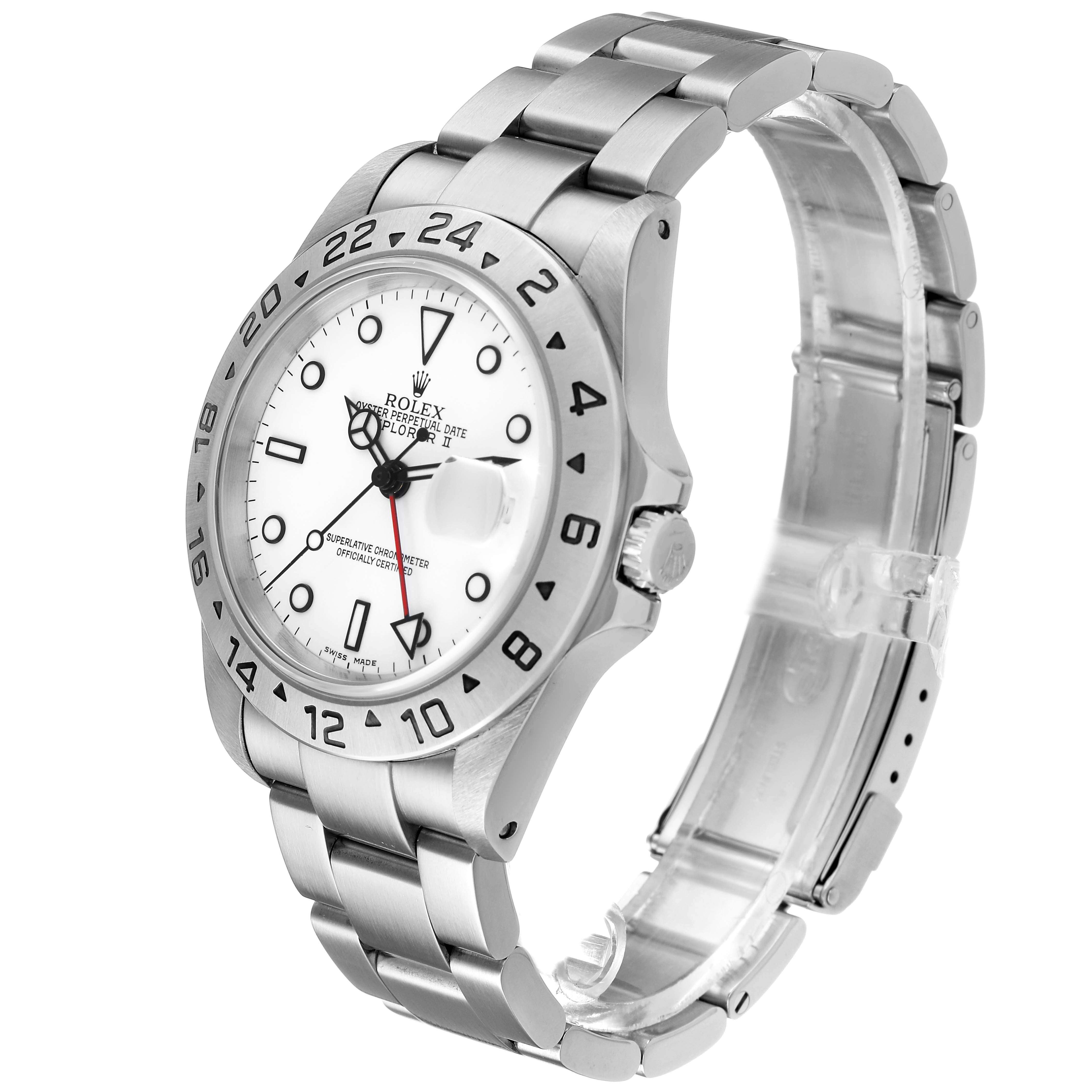 The Rolex Explorer 16570 Men's Stainless Steel White Dial watch is angled to show the face, bezel, and bracelet, highlighting its details and design.