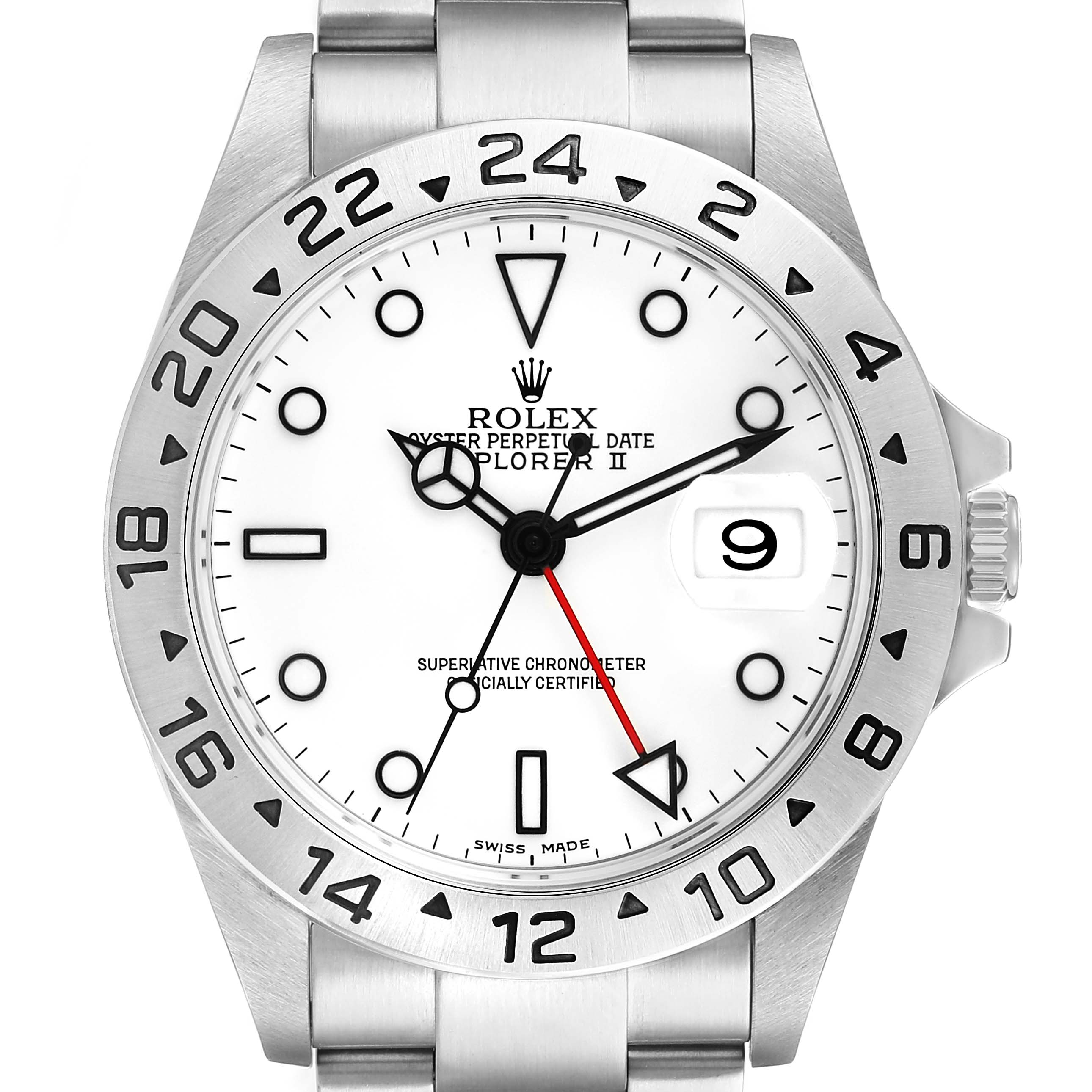 The Rolex Explorer 16570 Men's Stainless Steel White Dial II watch is shown from a top-down angle, featuring its bezel, dial, hands, and bracelet.