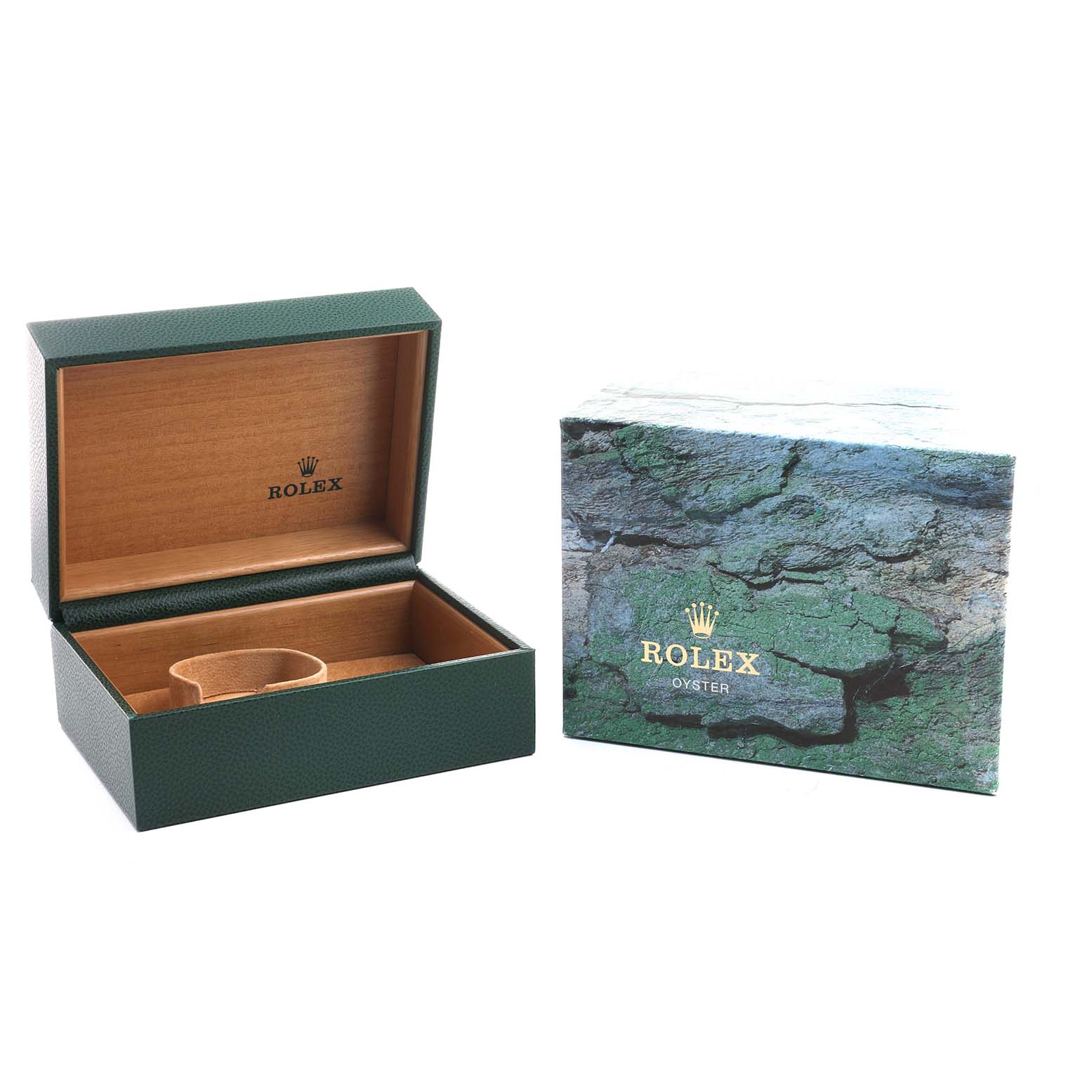 The image shows the open packaging and box for a Rolex Explorer 16570 Men's Stainless Steel White Dial watch, featuring a textured green exterior and wooden interior.