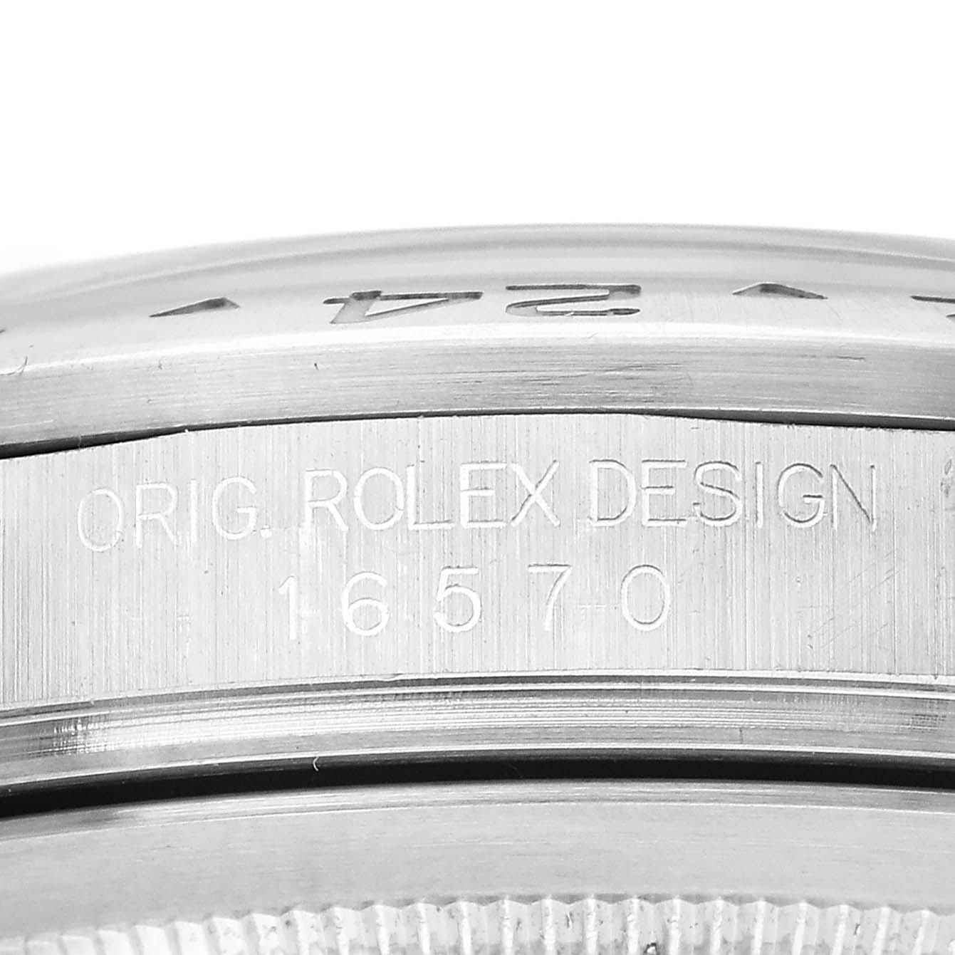 The image shows a close-up of the side of a Rolex Explorer 16570 Men's Stainless Steel White Dial, featuring the engraved model number 16570.